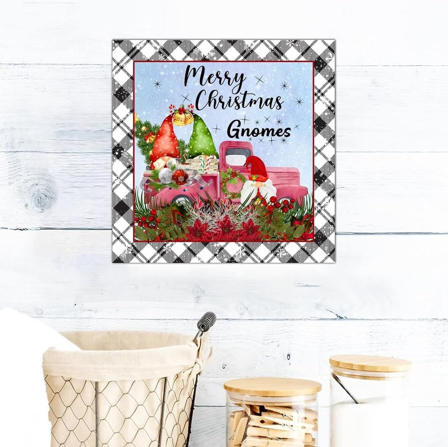 Merry Christmas Gnomes Wooden Signs Retro Christmas Tree Red Truck Welcome Sign Merry And Bright Home Wall Decoration For Bedroom Kitchen Living Room Table Housewarming Gift 16x16in
