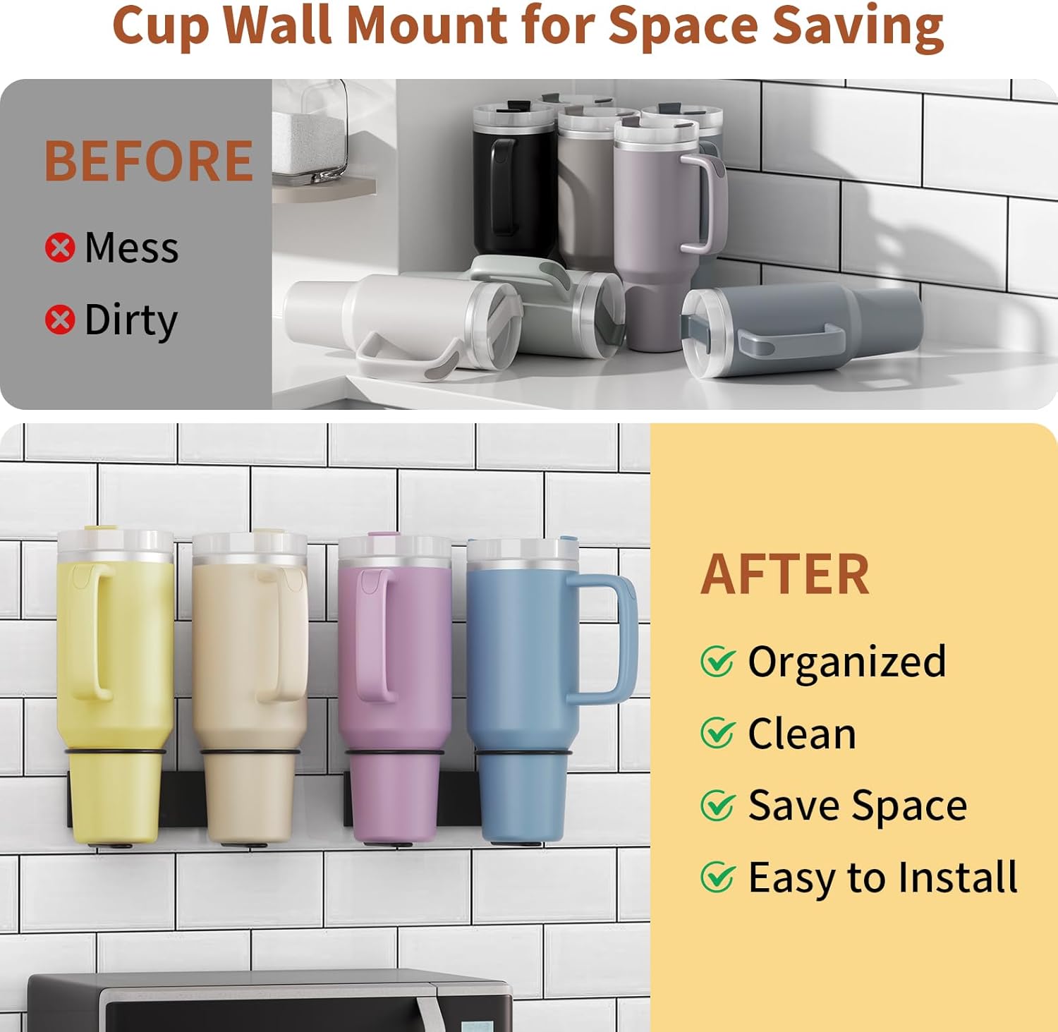 Cup Holder for Stanley Tumbler 2 PCS, Stainless Steel Wall Mount Cup Holder for Stanley 40/30oz, Self Adhesive or Drilling Cup Holders for Kitchen Organizer and Storage, Stanley Water Bottle Organizer - Image 3