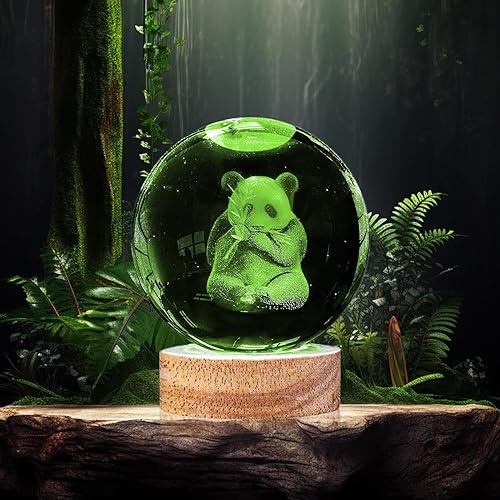 Miniatura 4 de Luz nocturna de bola de cristal de panda 3D con base de madera LED de 16 colores, grabado láser 3D, lámpara de noche de bola de cristal holográfica,