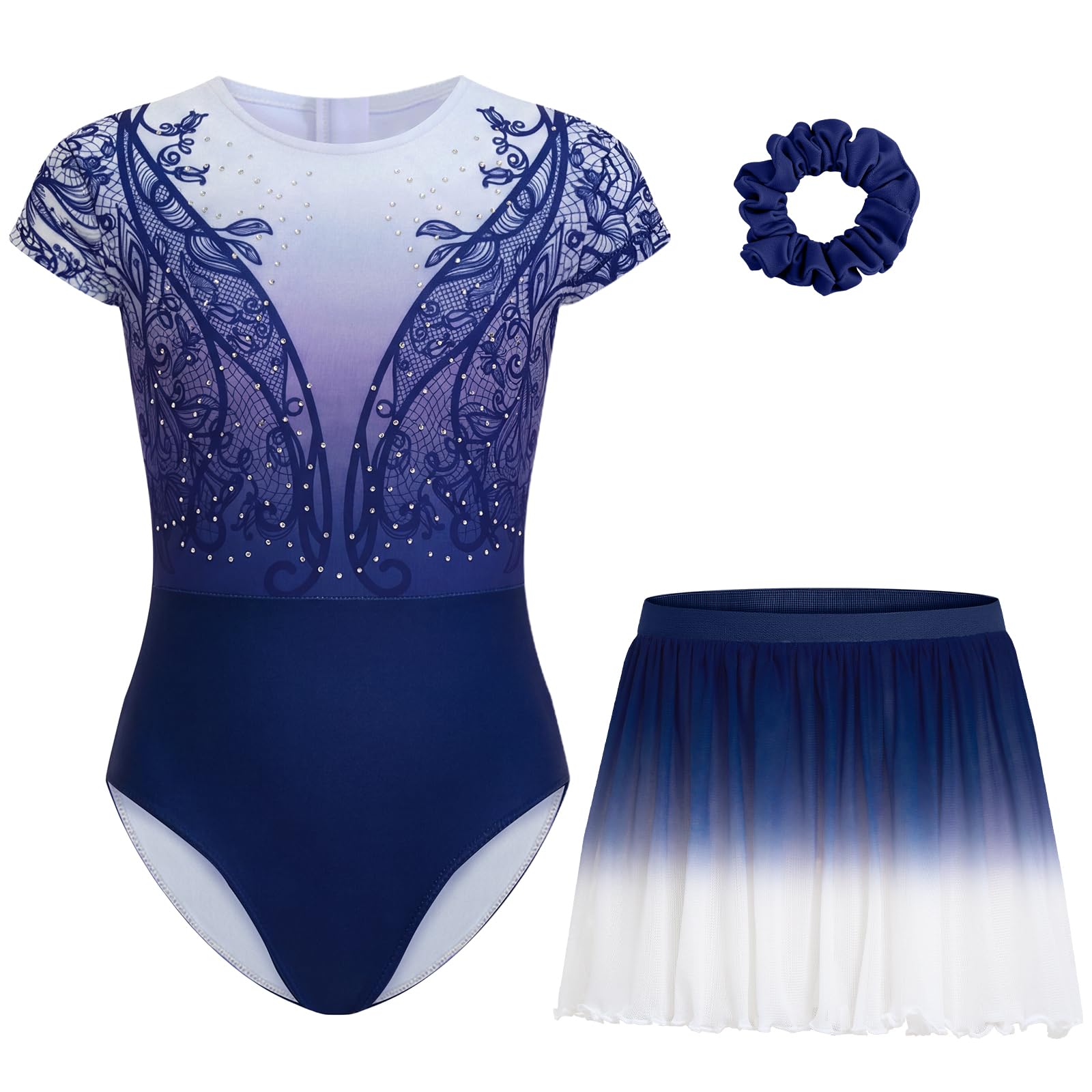 Gogokids Justaucorps de gymnastique pour fille avec jupe, manches courtes avec strass scintillants et imprimés, ensemble de danse 3 pièces pour ballet, yoga, performances - Tailles 3-12 ans