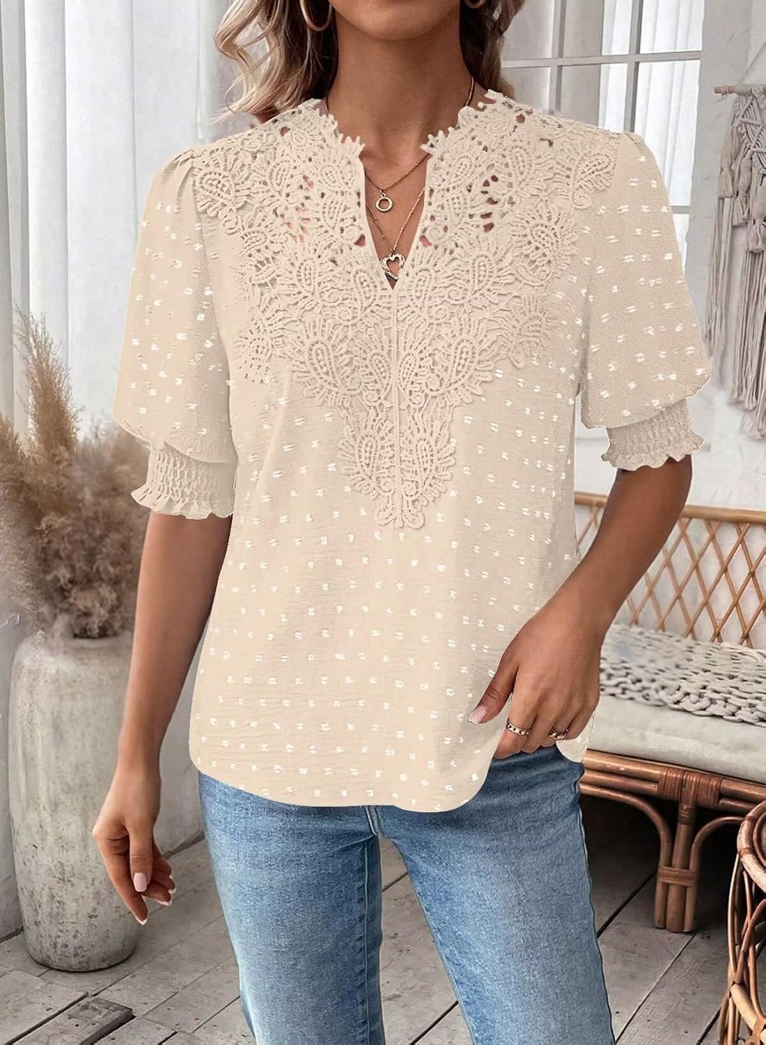 Womens Summer Tops Boho Short Sleeve Shirts V Neck Casual Chiffon Blouses Flowy Lace Hem Spring Clothing Trendy 2025 - Image 4
