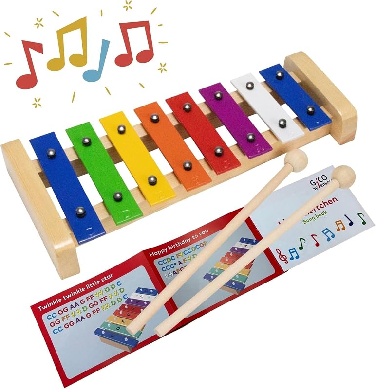 GICO Xylophon aus Holz mit 8 Tönen (C-DUR) für Kinder mit 2 Schlägeln und deutsch, englischem Liederbuch - 3811