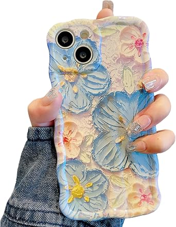 UEEBAI Flower Case for iPhone 13 Case, Colorful Retro Oil Painting Girly Phone Cover Pretty Glossy Pattern Wave Cover Cute Sparkly Floral Curly Shell for Women and Girl, Blue White