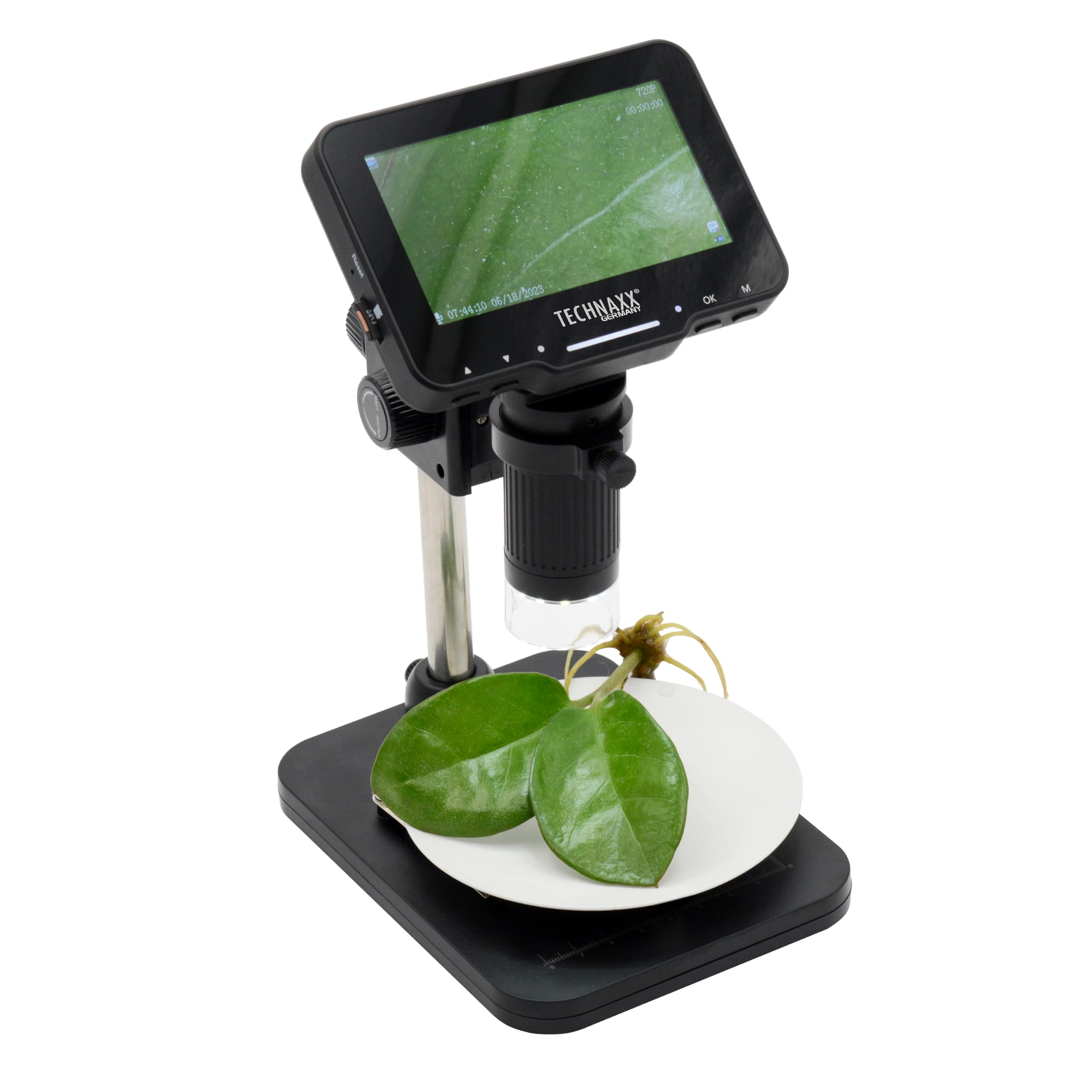 Technaxx Pro TX-277 mikroskop cyfrowy – 50-krotne powiększenie, ekran IPS 4,3", regulowany kąt i uchwyt, oświetlenie 8 diod LED, przechwytywanie zdjęć/wideo, łączność MicroSD i PC