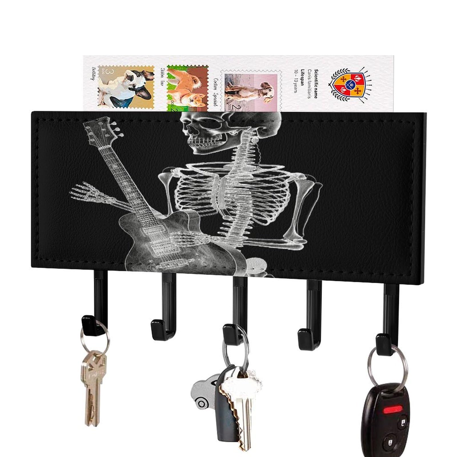 Fekiloot Black-Style Abstract X-Ray Skull Skeleton Playing Guitar Key Holder Wall Mount Key And Mail Holder Key Hanger With 5 Hooks Decorative Pu Key Rack Hanging Key Hooks For Wall Living Room Kitchen Bathroom Hallway Bl