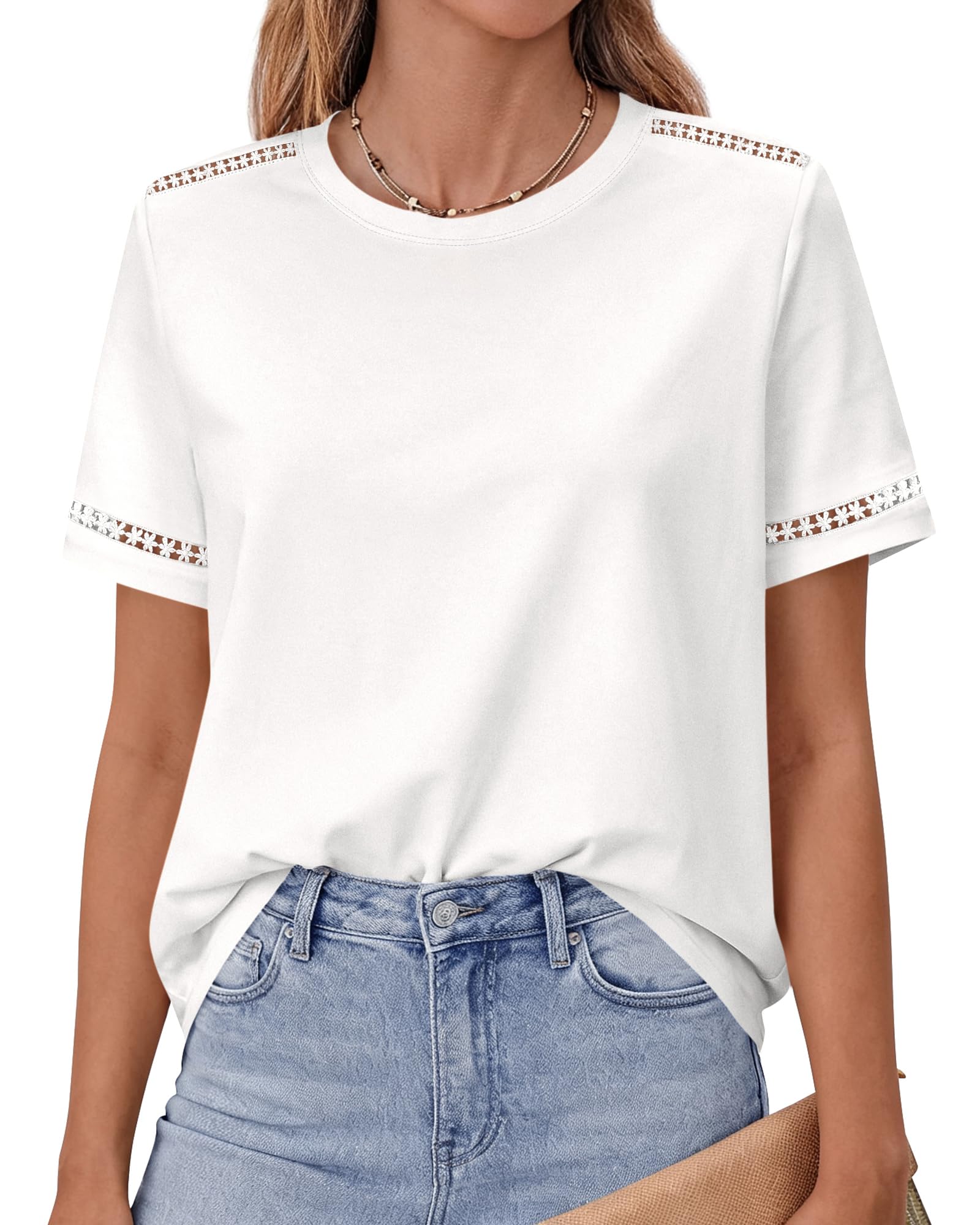 BTFBM Short Sleeve Shirts for Women 2026 Lace Summer Tops Spring Casual Loose Crew Neck T-Shirt Cute Vacation Outfits