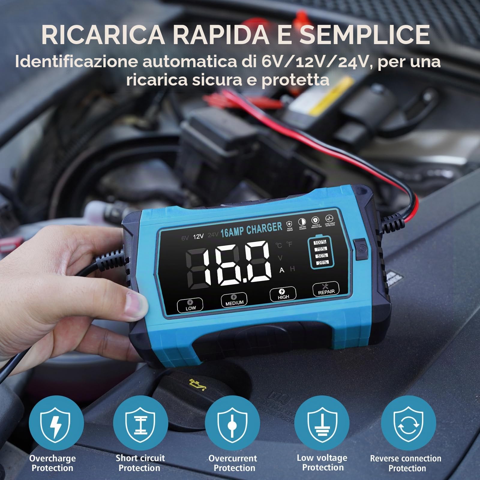Haisito Caricabatterie per auto da 16 A, 12 V, 16 A, 24 V, 10 A, batteria al litio LiFePO4, caricabatterie al piombo acido (AGM, SLA ecc.) con funzione di ricarica a 10 livelli, schermo LCD per auto