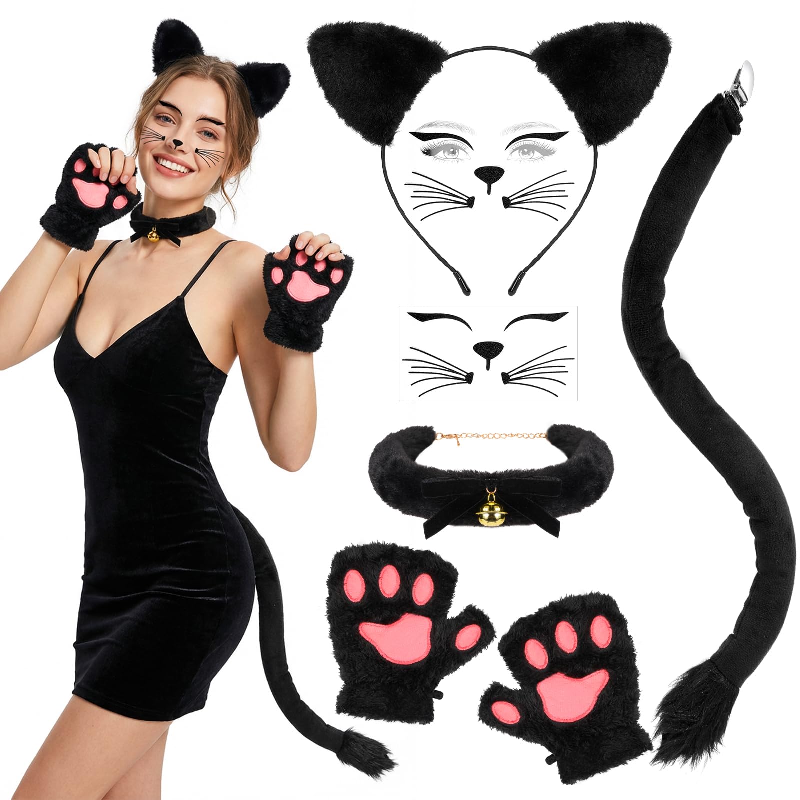Beipegin Cat Costume for Women Black Cat Ears Headband and Tail Bell Choker Gloves Face Stickers Halloween Masquerade Anime Cosplay Costumes Accessories for Women
