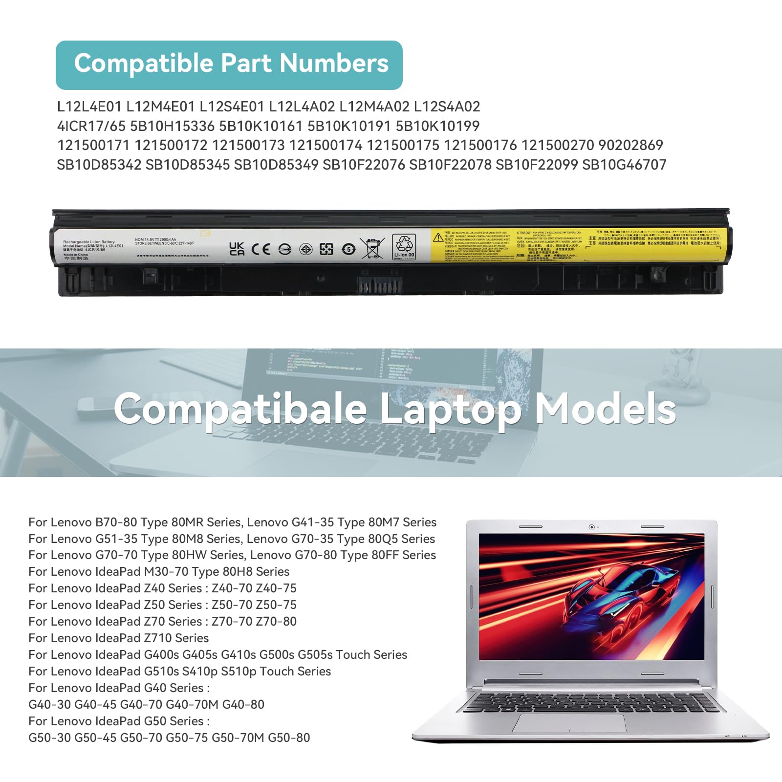 L12M4E01 L12L4E01 L12S4E01 L12L4A02 L12M4A02 L12S4A02 Batterie pour Lenovo IdeaPad G400S G405S G410S G500S G505S G510S G50-30 G50-45 G50-70 G50-70M G50-75 G50-80 G40-30 G40-45 G40-70 G40-80 Z50-70