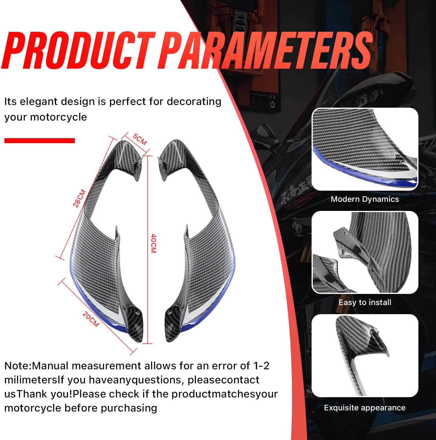 Fixed Spoilers for Yamaha R1 R6 2021 2022 2023 2024, Motorcycle Fairing for R1, Durable ABS Plastic Easy Installation of Yamaha R1 R6 Winglet (Carbon Fiber Blue Lines)