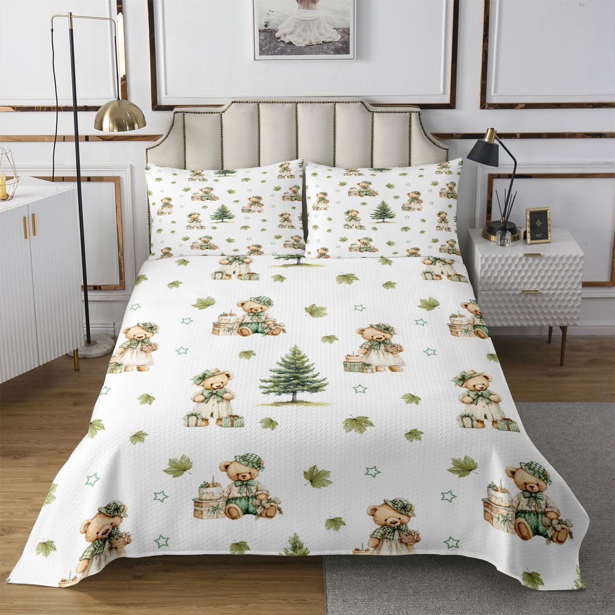 Homewish Princess Bears Quilt Sets Queen Size,Coquette Girly Bedspread 3Pcs for Kids Teens Youth Room Decor,Green Maple Leaf Bedding Sets Cartoon Cakes Gifts Coverlet,2 Pillowcases