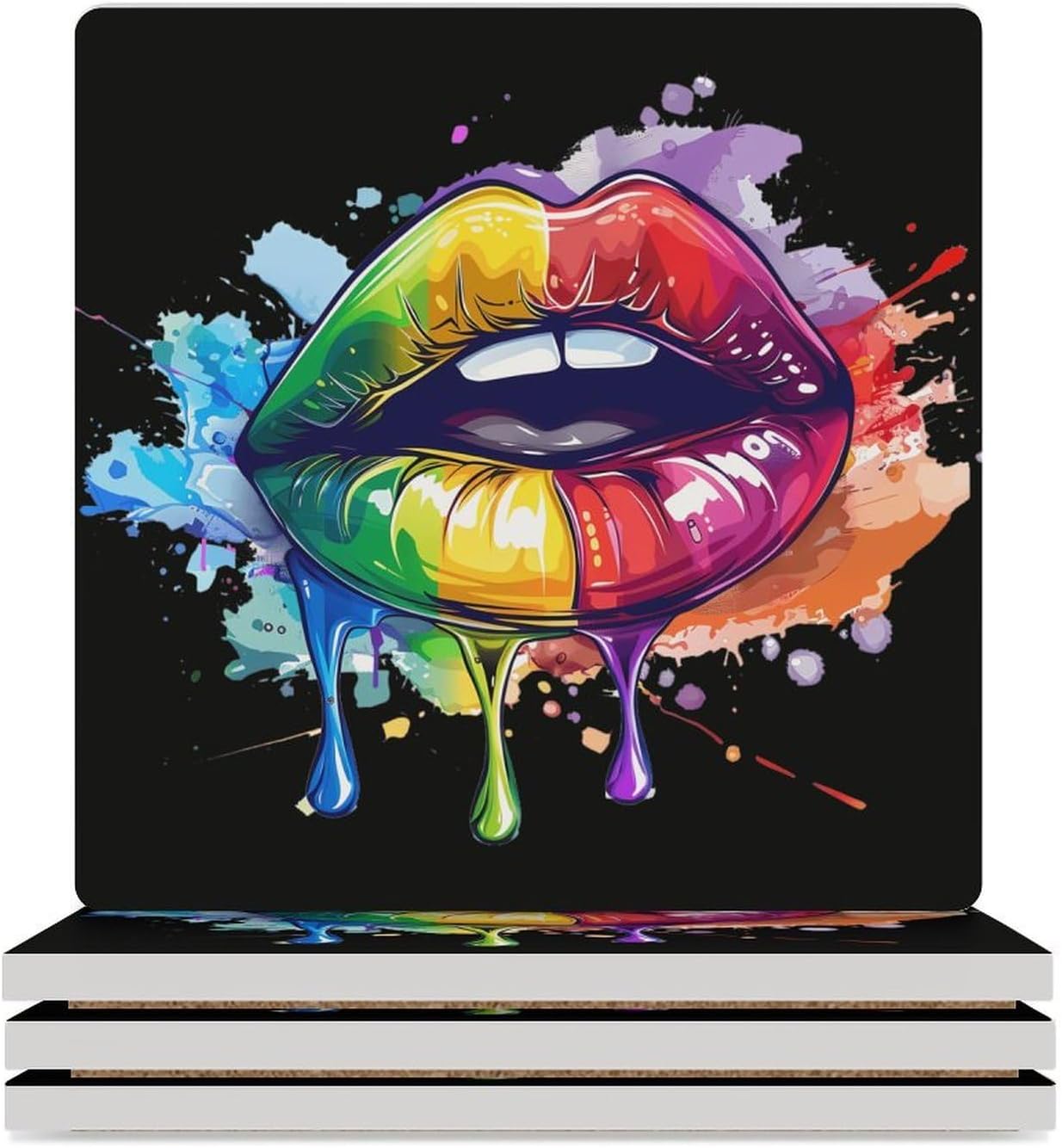 LGBT Gay Rainbow Lips Coaster for Drinks Square Ceramic Table Coasters Stone Mat Crafts 4PCS Home Kitchen Decor