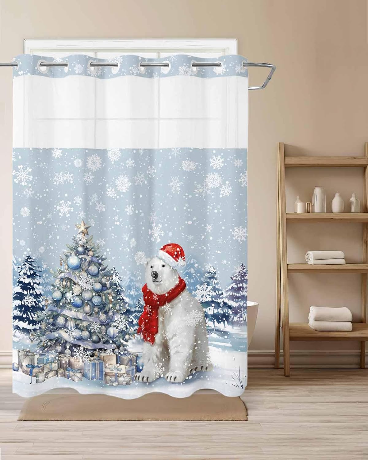 No Hook Shower Curtain with Snap in Liner Christmas Bear Xmas Tree and Gifts Snowflake Blue Shower Curtain for Bathroom, Fabric Waterproof Inner Liner, Hotel Style with Mesh Top Window, 60x72