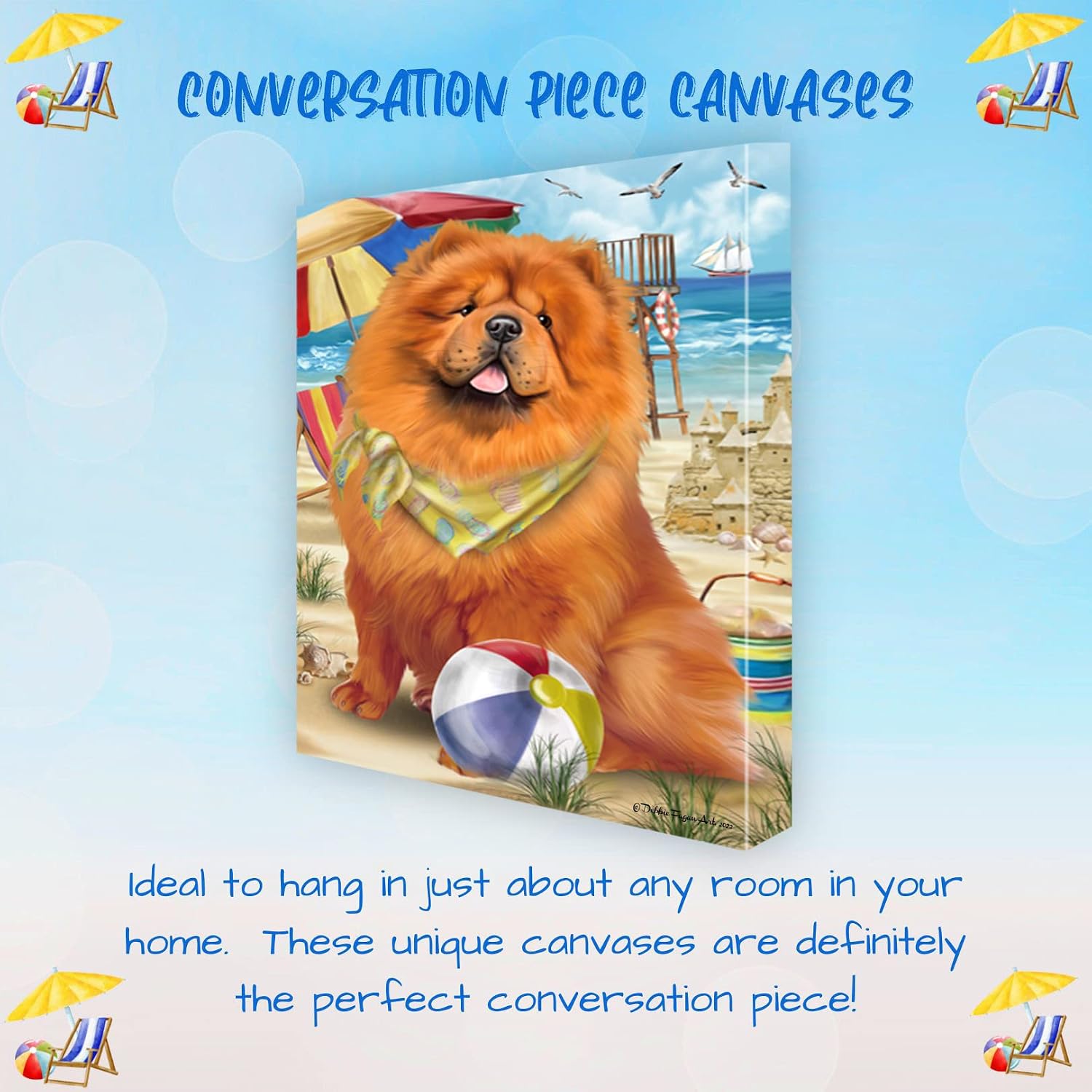 Pet Beach with Chow Chow Dogs Canvas Wall Art - Premium Quality Ready to Hang Room Decor - Black Floating Framed 16" x 24"