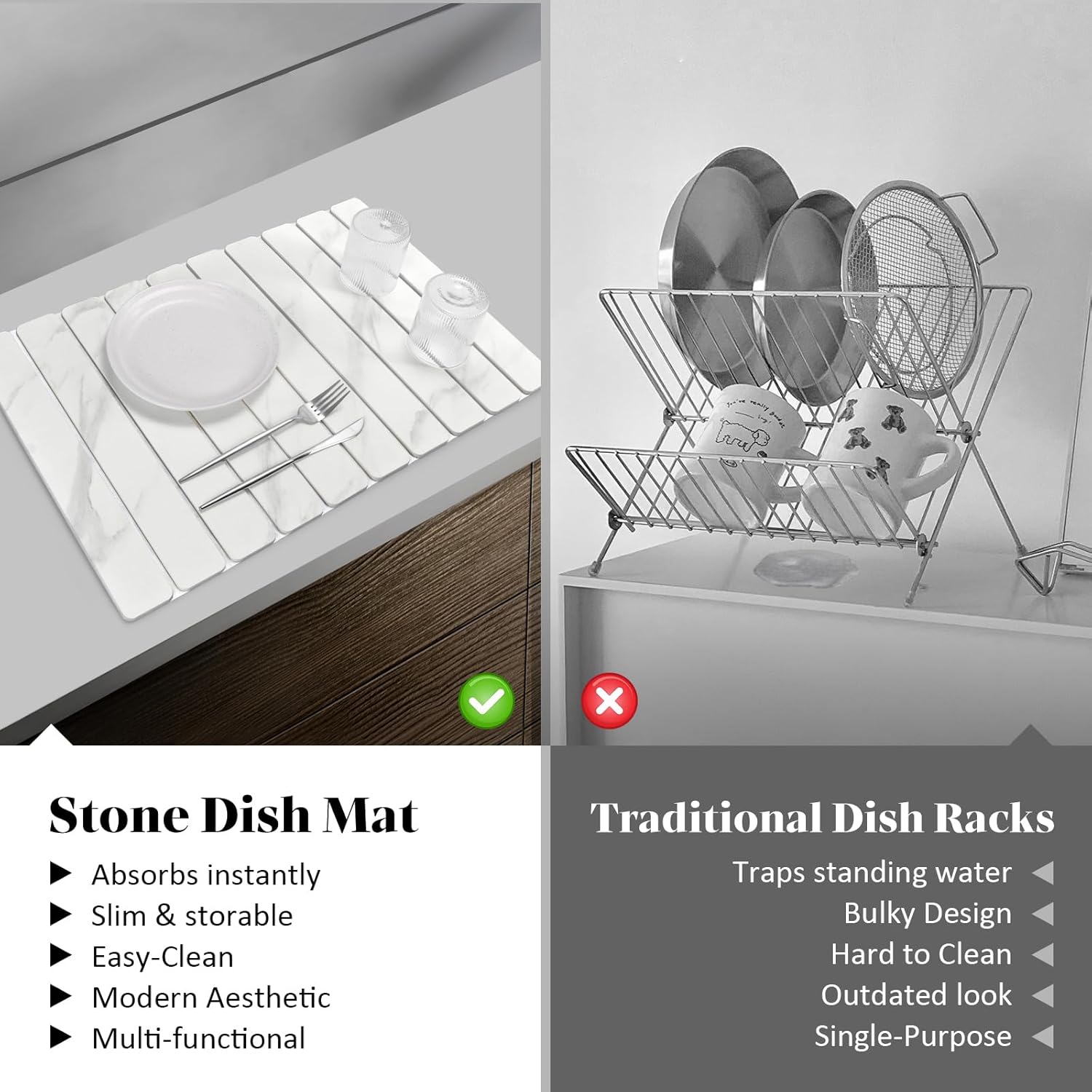 2 PCS Large Stone Dish Drying Mats for Kitchen Counter, 24"(L)×16"(W) Marble-Pattern Dish Drying Mat with 8"x 4" Coasters, Eco-Friendly Diatomite Dish Drying Mat - Fits All Countertops