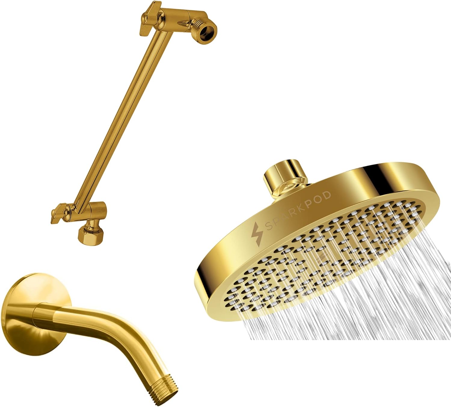 SparkPod Shower Head + 6 Inch Shower Arm + 11 Inch Adjustable Extension Arm (Gold)