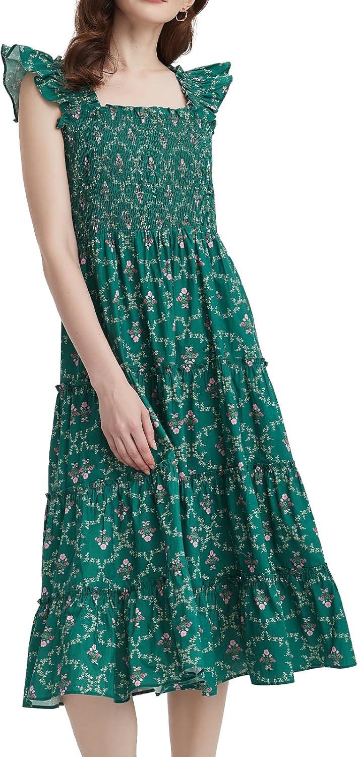 LifeShe Women Summer Floral Midi Flowy Dress Square Neck Smocked Flutter Sleeve Tiered Beach Boho Wedding Guest Dresses - Image 2