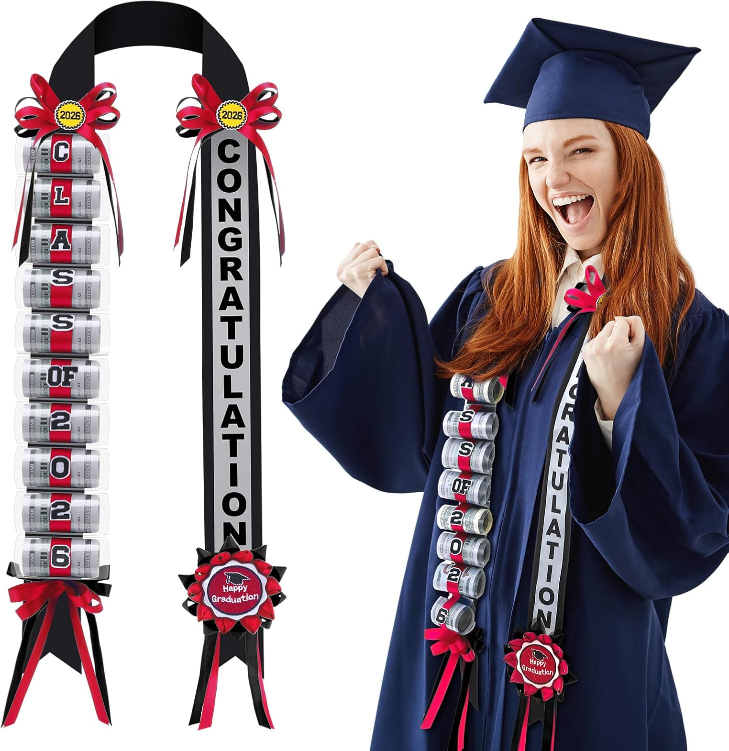 Lyrow Graduation Money Lei Class of 2026 Ribbon Lei Gift Graduation Cash Gifts Pull Ideas for High School College Party Supplies(Red and Black,Classic)
