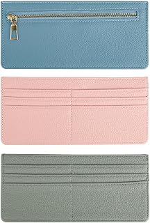 3 Flat Slim Wallets for Women, Leather Expandable Long Compact Thin Wallet with Zipper, 6 Slots Credit Card Holder Blue, Green, Light Pink