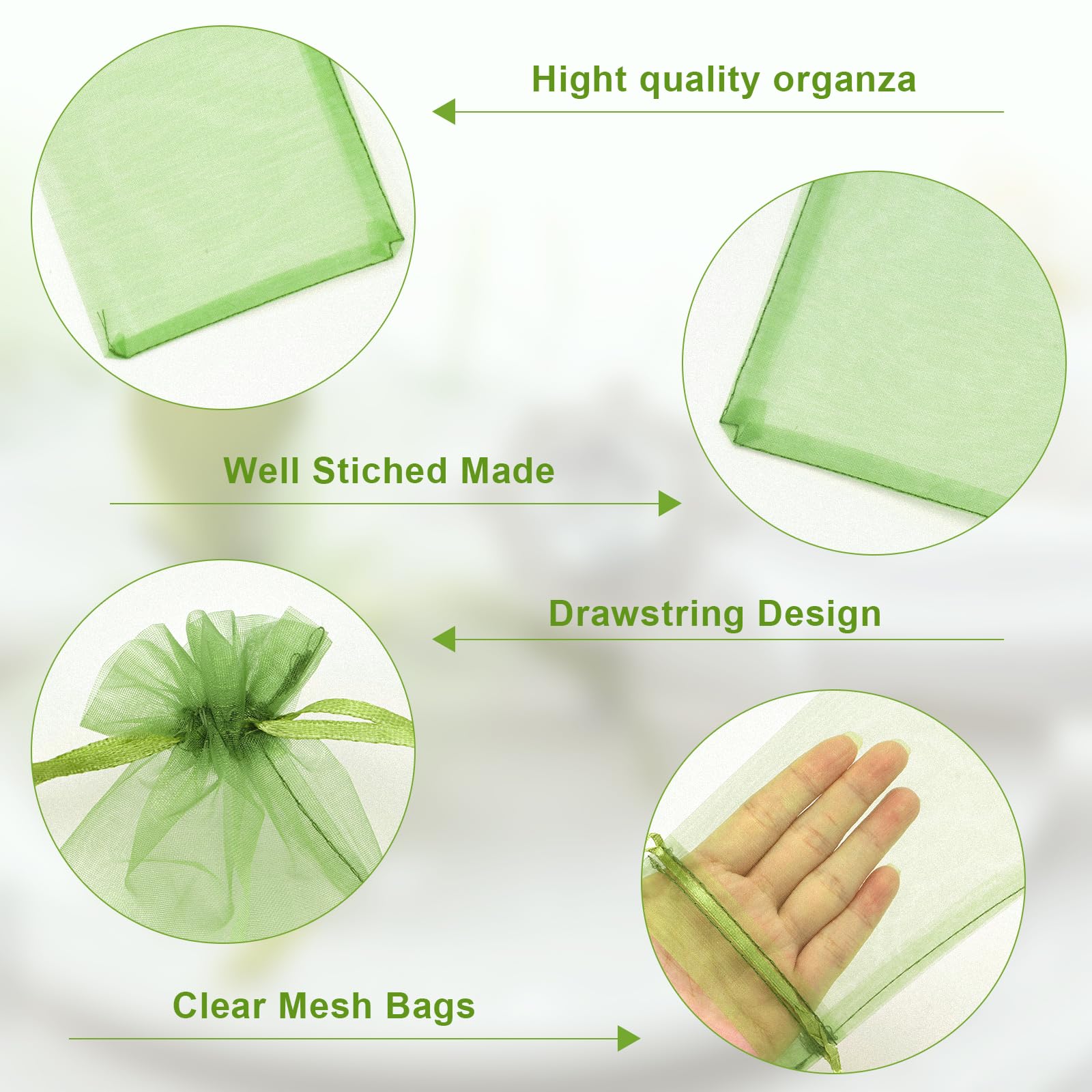 G2PLUS Organzazakjes voor bruiloft, 50 stuks, 13 x 18 cm, grote geschenkzakjes, organzazakjes met trekkoord, voor bruiloft, snoepzakjes, sieradenzakje, lichtgroen