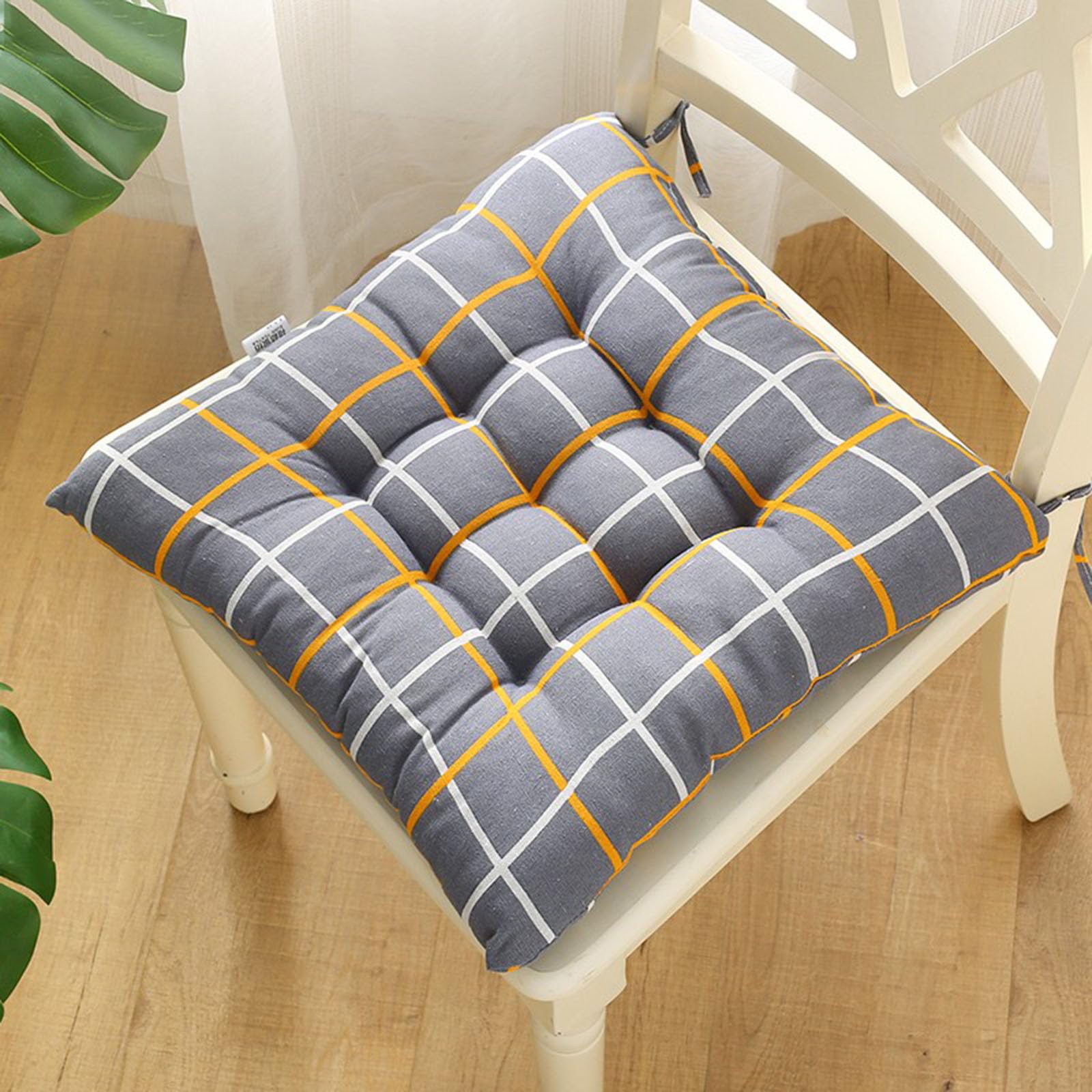 Velvet Chair Cushions for Dining Chairs, Set of 1 2 3 4 5 6,Seat Pads for Kitchen Chairs with Ties,40cm*40cm(15.7in*15.7in) (1, Grey White Yellow Plaid, 15.7in*15.7in)