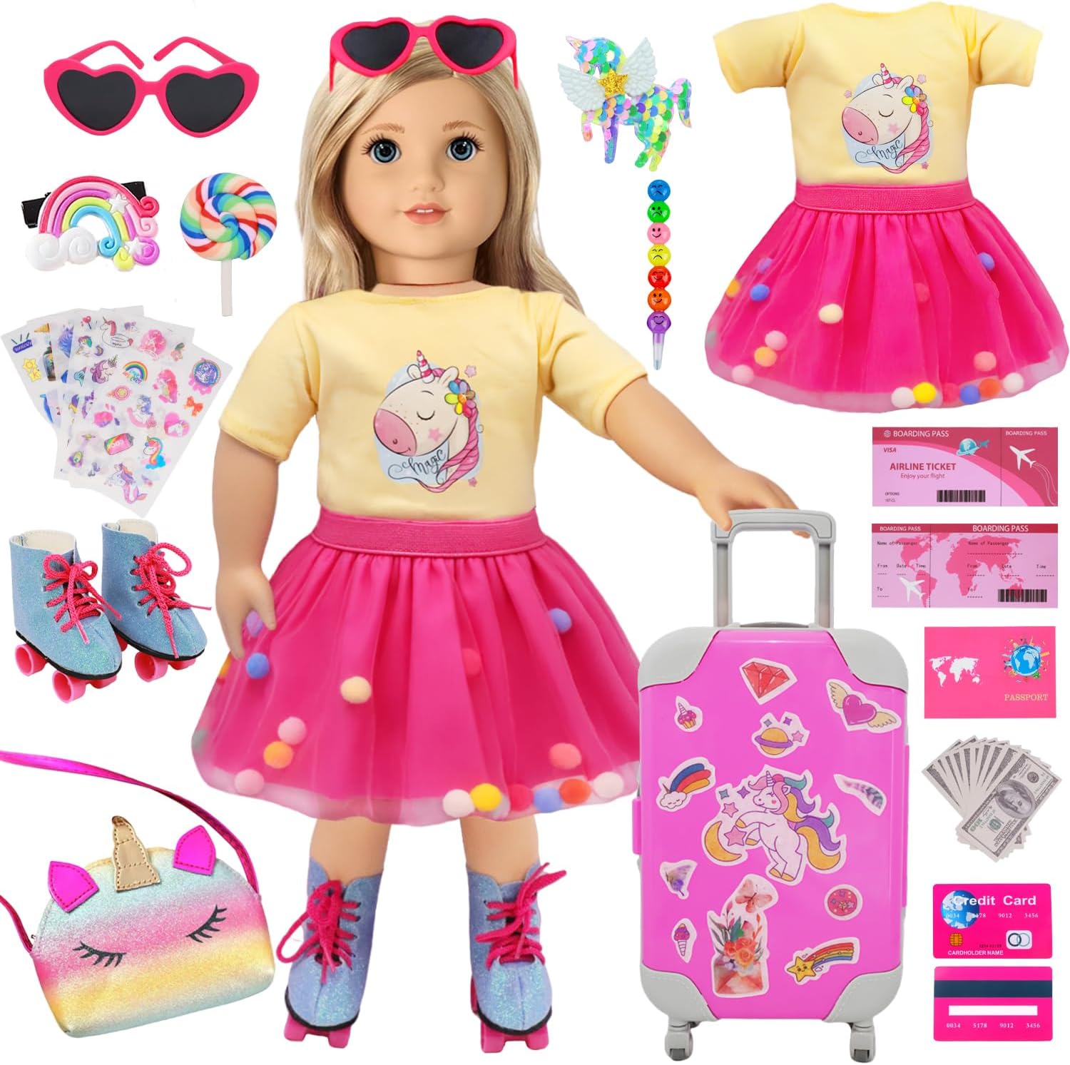 American 18 Inch Doll Clothes and Accessories Travel Set Roller Skates Playset Unicorn Set Including T-shirt,Dress,Suitcase,Hairpin,Sunglass,Stickers,Pencil,Bag,Passport Travel Gear Play Set (No Doll)