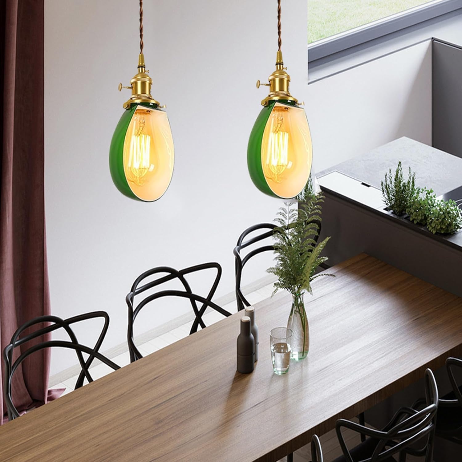 Lámpara de araña de Cristal Verde Esmeralda de Estilo Industrial Retro, lámpara de latón japonés, Cables Colgantes Ajustables de bajo Consumo, Oficina, Comedor, lámparas de Estudio