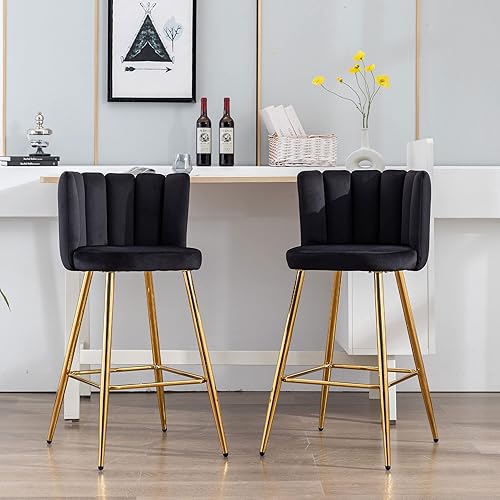 Velvet - Taburetes de bar de 30 pulgadas de altura de barra, juego de 2 taburetes de cocina modernos, sillas tapizadas con patas de metal dorado