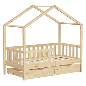 ML-Design Cama Infantil 70x140cm Forma de Casita Madera Natural Maciza de Pino con 2 Cajones con Somier de Láminas, Techo y Protección Anticaída, Cuna Baja de Suelo para Niños Litera Montessori Junior