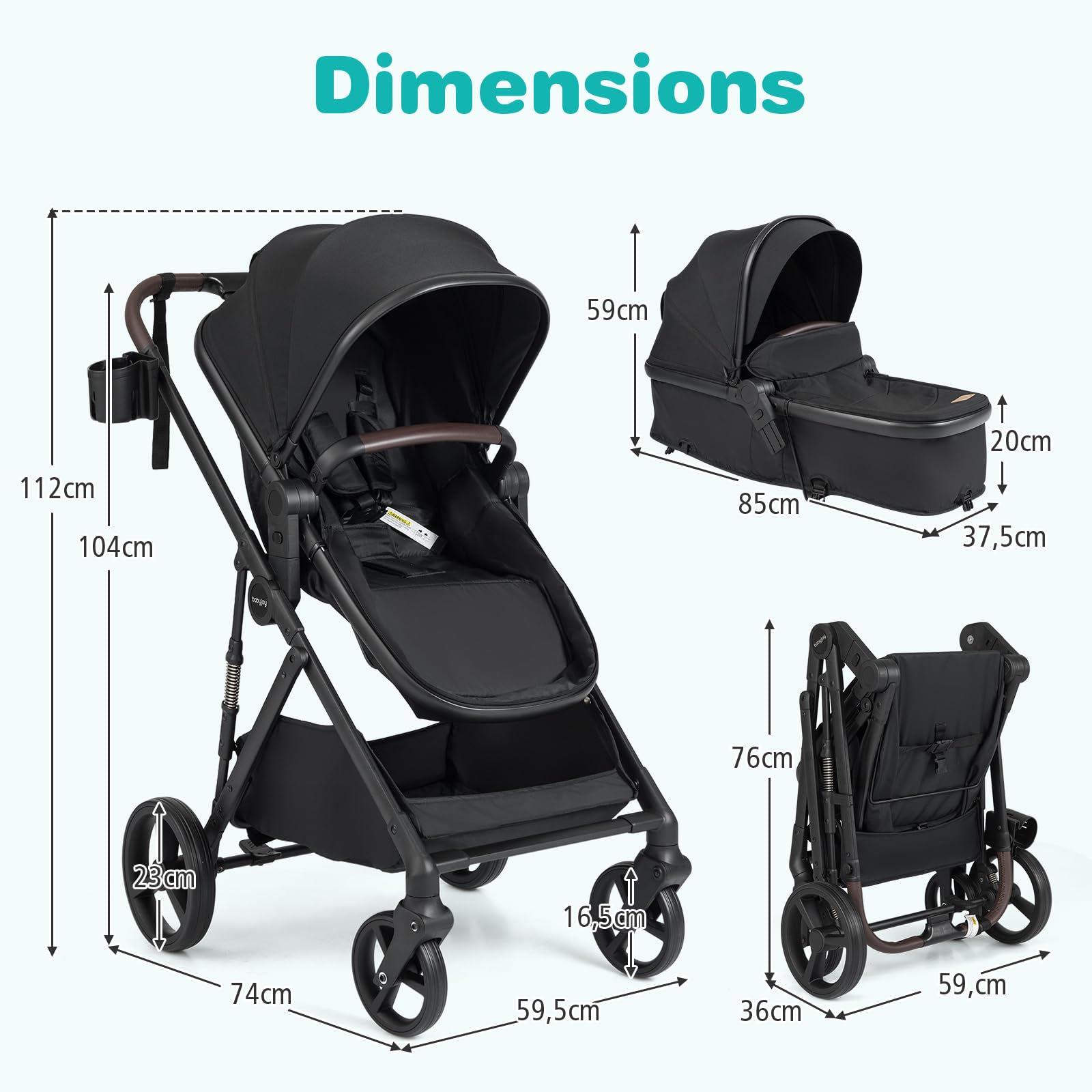 COSTWAY Poussette 3 en 1 Pliable Siège Réversible Nacelle 0-3 Ans 22 kg Noir