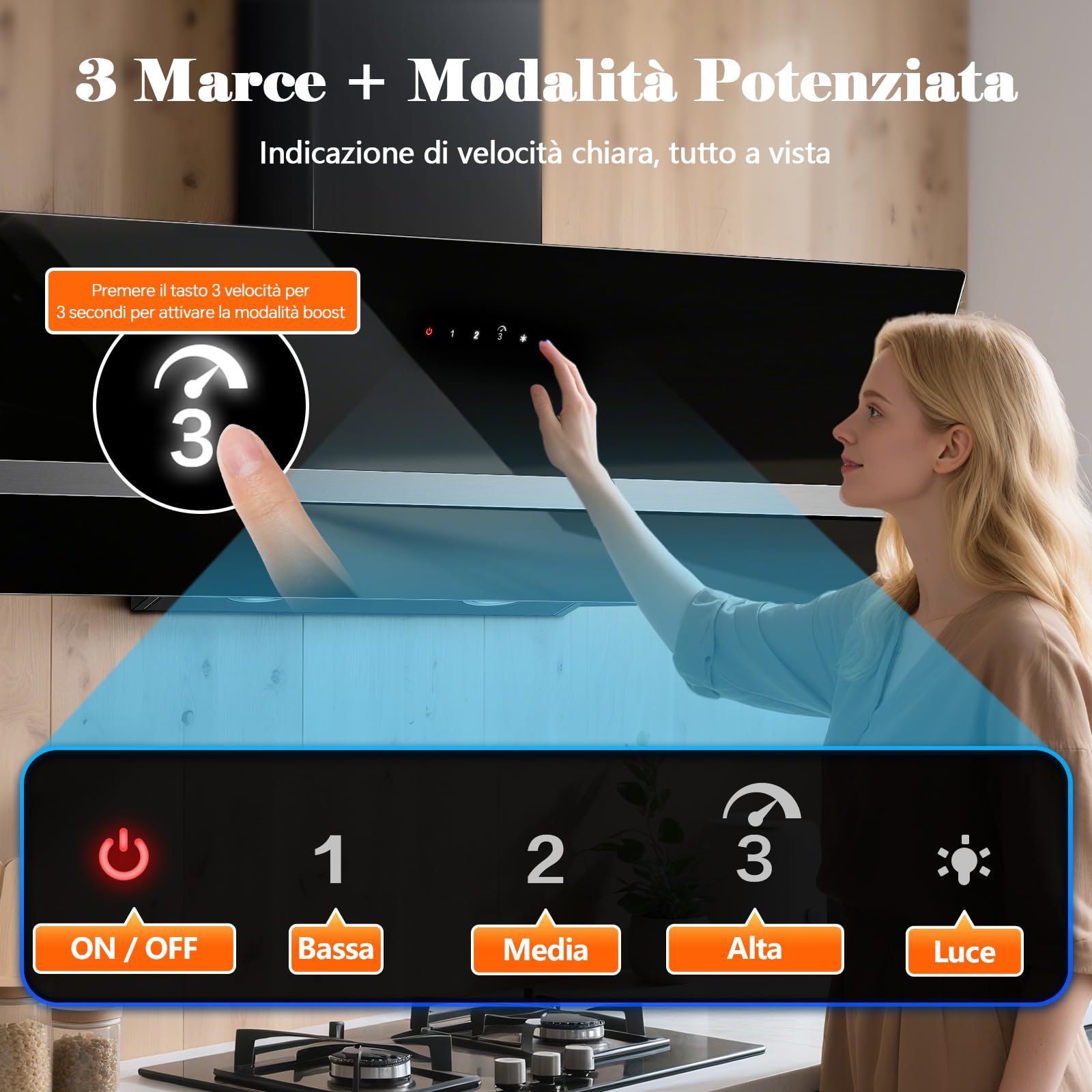 Cappa Aspirante Inclinata 90cm 450 m³/h 3 Livelli Boost Filtri Carbone Touch LED Vetro Nero