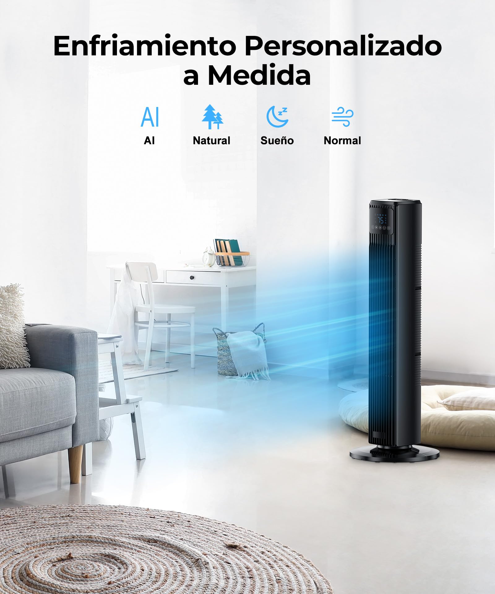 PNTCK Ventilador de columna para el dormitorio, ventilador silencioso con mando a distancia, ventilador oscilante de 90° con 4 velocidades, 4 modos, temporizador de 12 horas