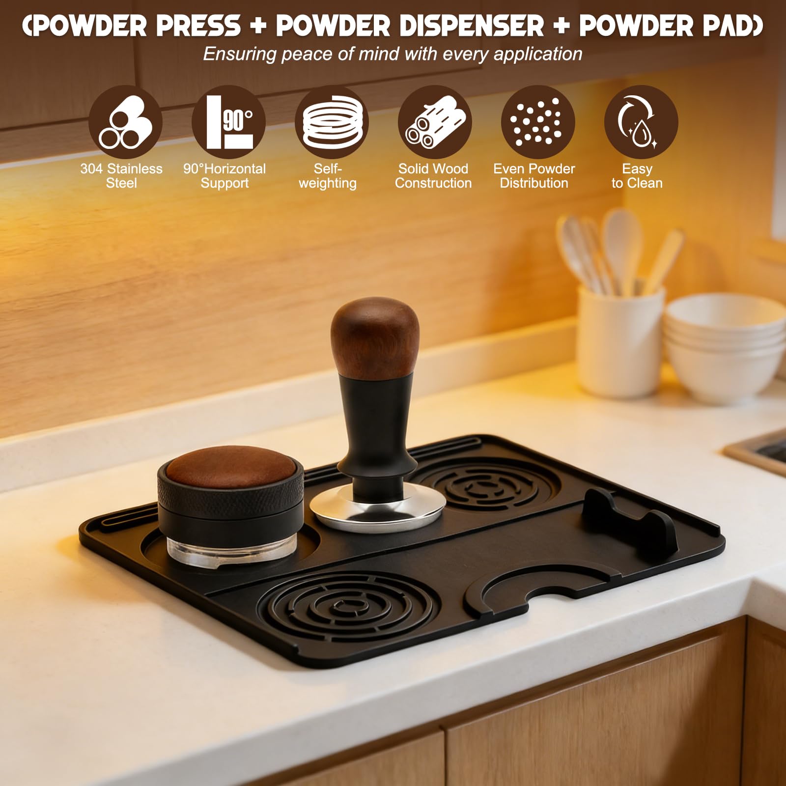 Tamper Café 58mm Professionnel, Distributeur de Poudre 58mm et Tapis en Silicone – Kit Barista Premium pour Espresso, Base Inox, Manche Bois, Outil de Tassage Compatible Porte-Filtre 58mm