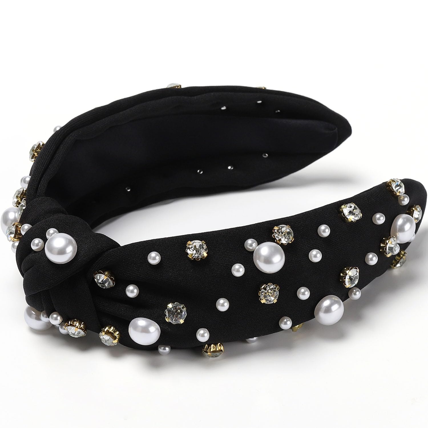 Elegant Black Embellished Headband‎ WantGor Pearl Knotted Headband Women Rhinestone Embellished  main image 3