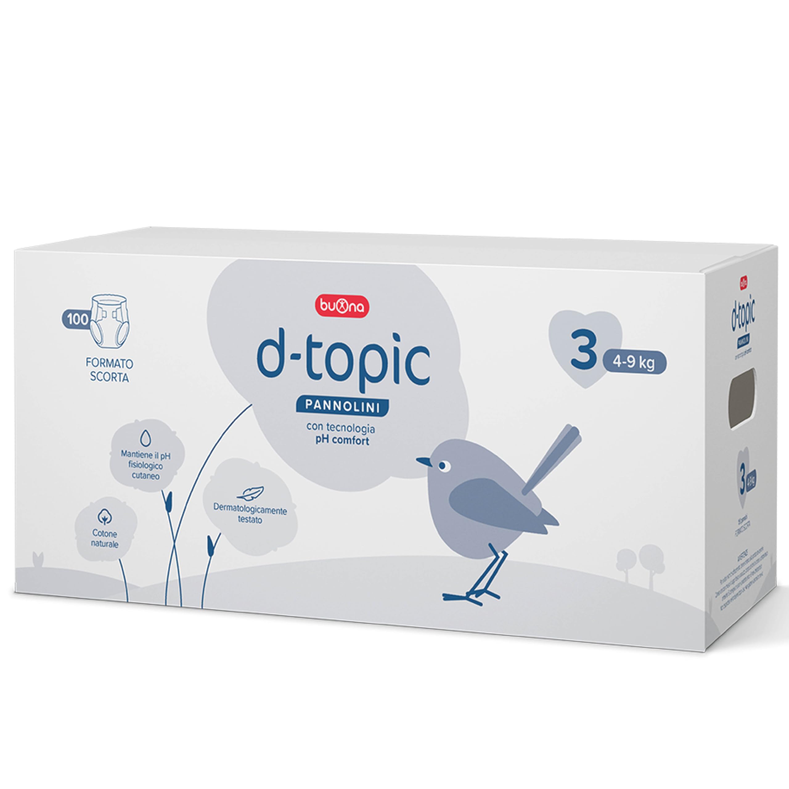 Buona D-Topic Pannolini Taglia 3, 4-9kg - con Tecnologia pH Comfort - Formato Scorta: 100 pz Dermatologicamente Testato, Cotone Naturale, Materiali Traspiranti Delicati sulla Pelle dei Bambini