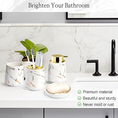 Miniatura 3 de Juego de accesorios de baño, 4 piezas, dispensador de jabón de baño, incluye dispensador de jabón espumoso de cerámica, jabonera, soporte para