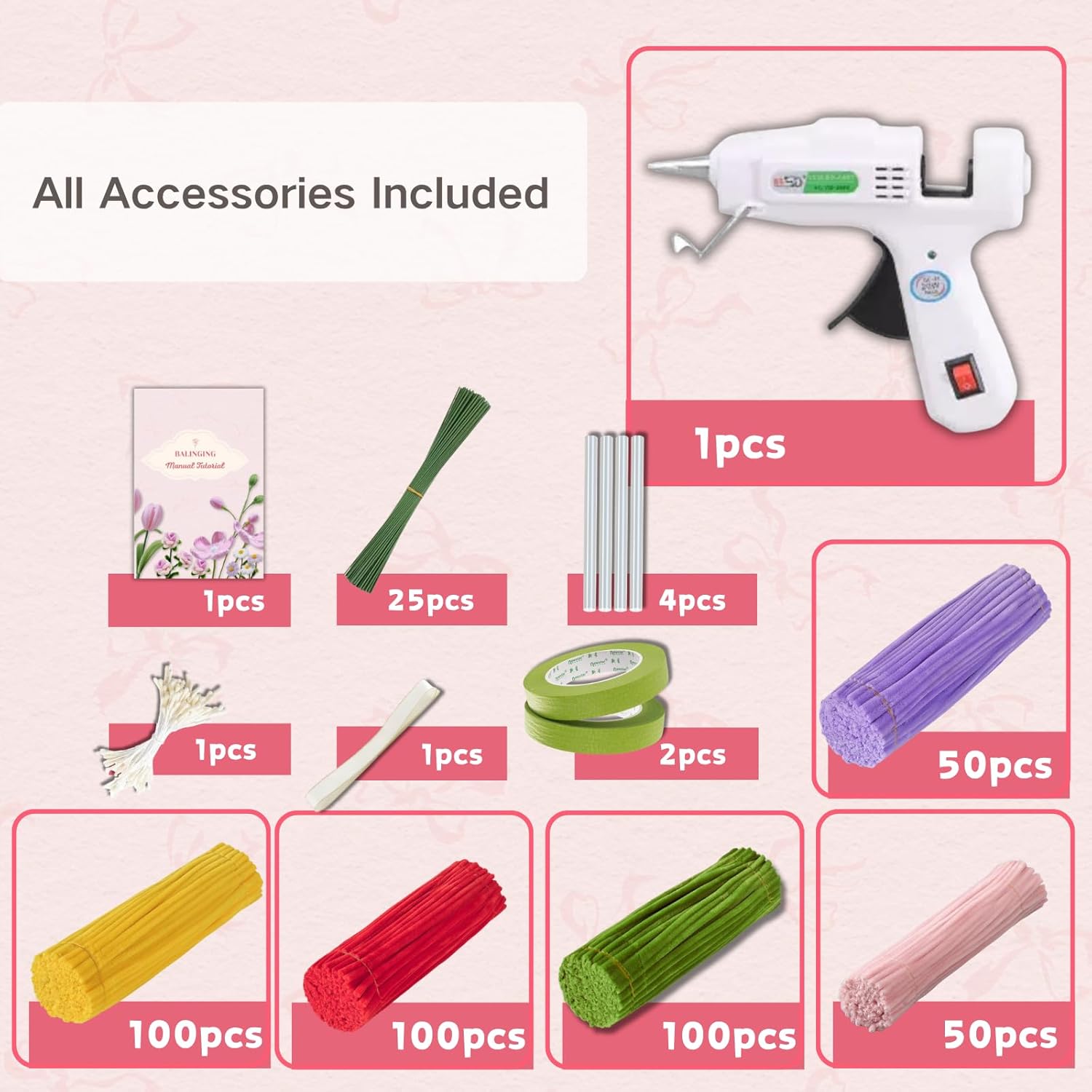 balinging 400pcs Pipe Cleaners Craft for Flowers with Glue Gun,Chenille Stems for DIY Flower Making Kit,Pipe Cleaners Projects Creative for DIY Art and Craft,Ideal for Holiday Decoration(Tulip)