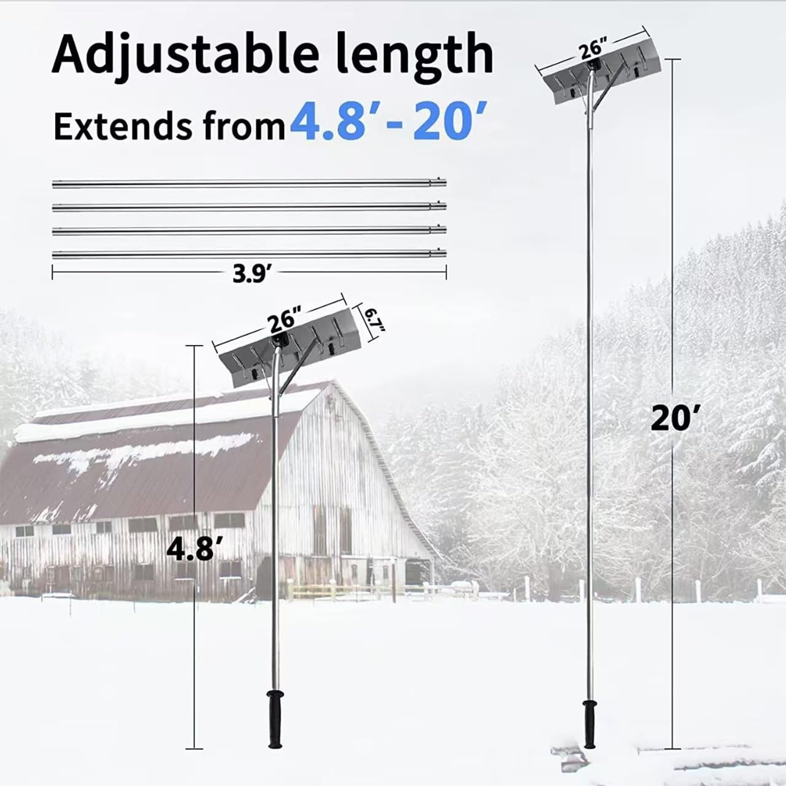 Rastrello da neve da tetto con ruote, palo telescopico regolabile, facile da montare, per la rimozione di detriti da tetto e cortile
