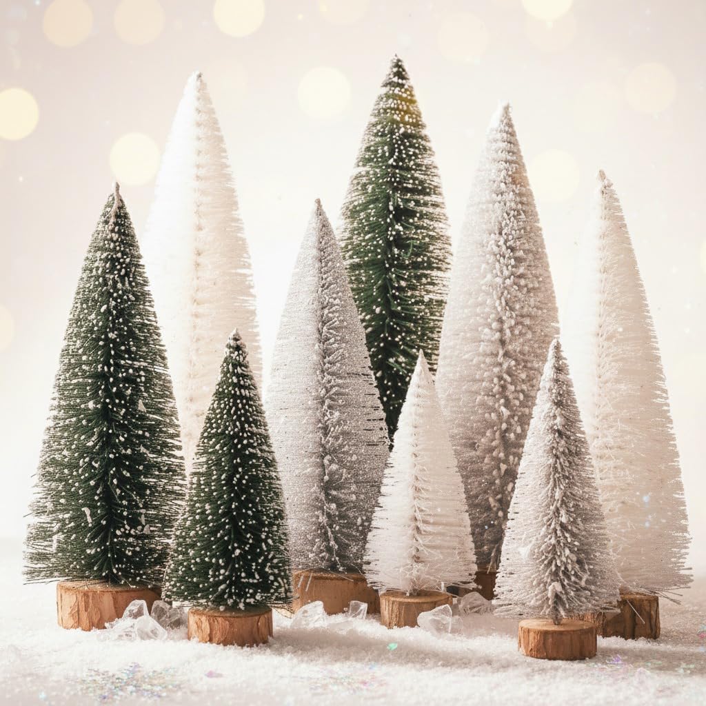 9 PCS Mini Christmas Tree – Bottle Brush Trees in Dark Green, White, and Silver – 3 Sizes (10cm/15cm/20cm) – Small Tabletop Christmas Decorations for DIY Crafts & Holiday Village Display 9 PCS Mini Christmas Tree – Bottle Brush Trees in Dark Green, White, and Silver – 3 Sizes (10cm/15cm/20cm) – Small Tabletop Christmas Decorations for DIY Crafts & Holiday Village Display
