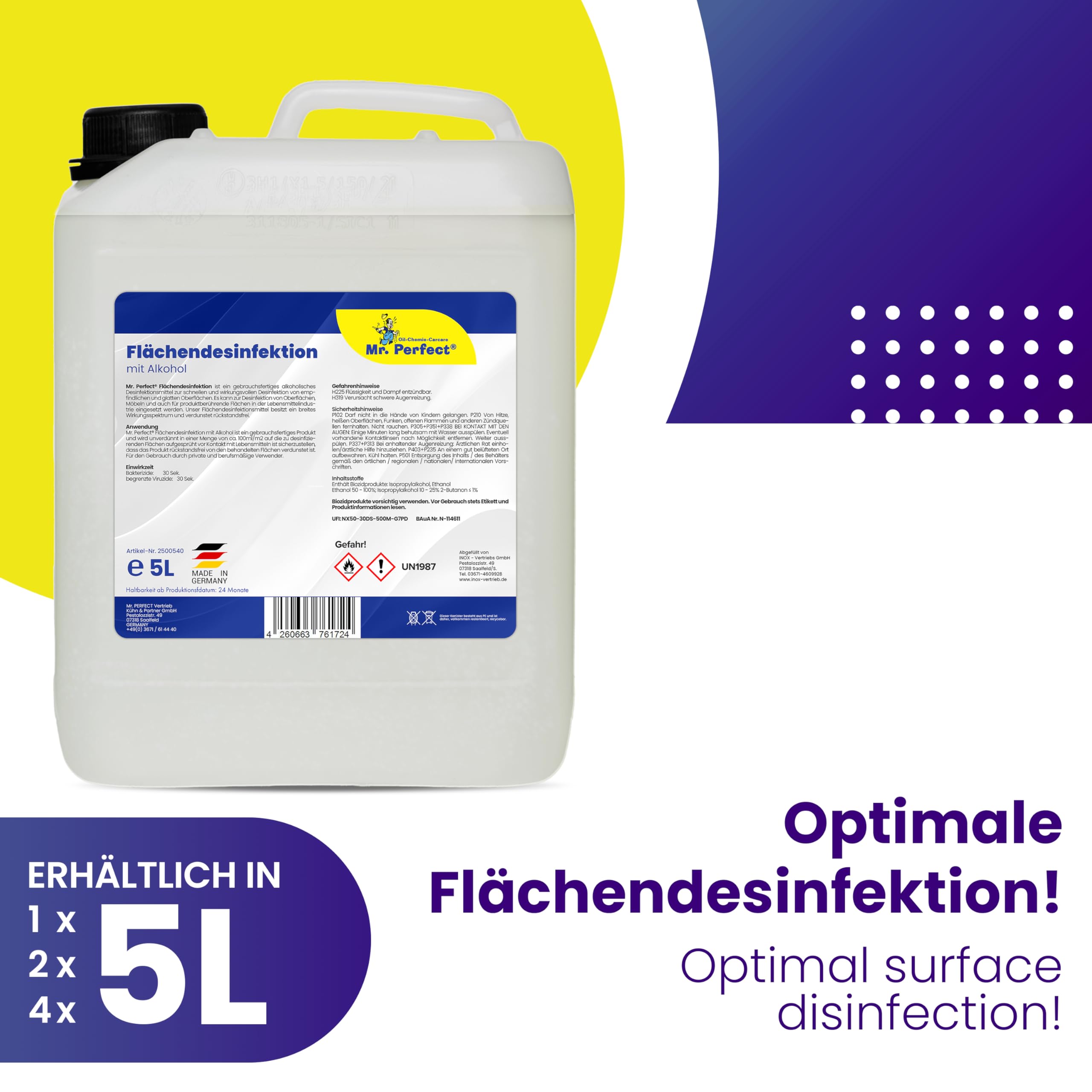 Mr. Perfect® alkoholisches Flächendesinfektionsmittel 2x5L - Hochwirksame Flächendesinfektion mit Alkohol - Ideales Desinfektionsmittel für alle glatten Oberflächen