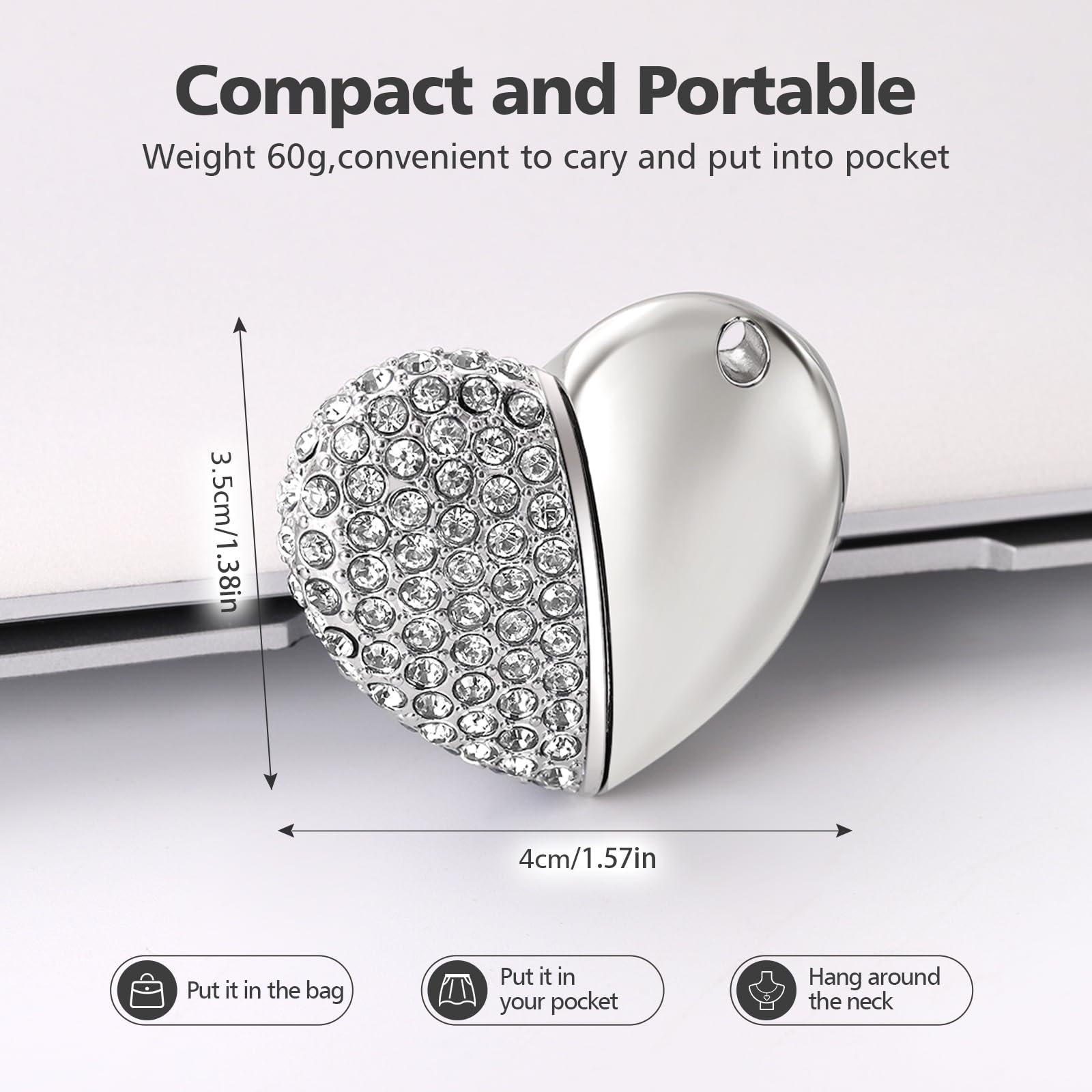 USB 2.0 Flash Drive,Cute Romantic Heart Shape USB Memory Stick,Thumb Drive for Photos, Music, Files Storage (Silver, 64, GB) — view 5