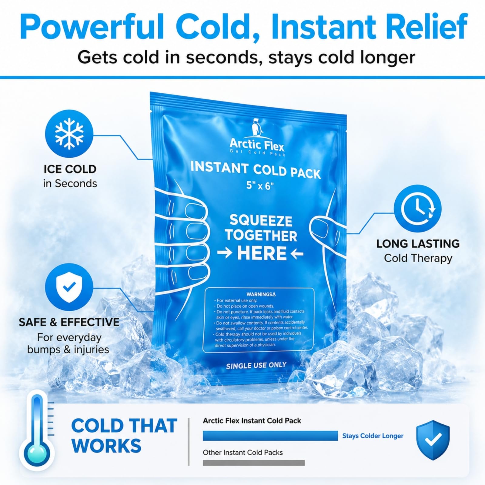 Arctic Flex - Juego de 24 compresas frías instantáneas - Hielo desechable para alivio del dolor, inflamación e hinchazón - Portátil para primeros auxilios y deporte