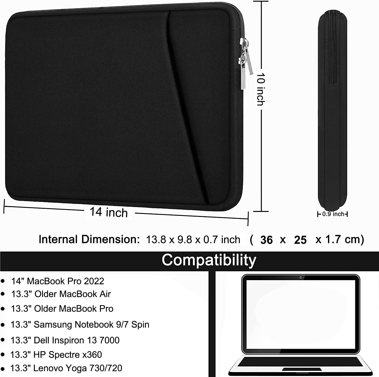 Laptop Sleeve Case 13 Inch, Upgrade 14 inch Laptop Cover for Apple MacBook Pro 2022, Durable Notebook Cover Shockproof Protective Bag Compatible with MacBook Air/Pro Retina 13.3 Inch, Black - Image 5