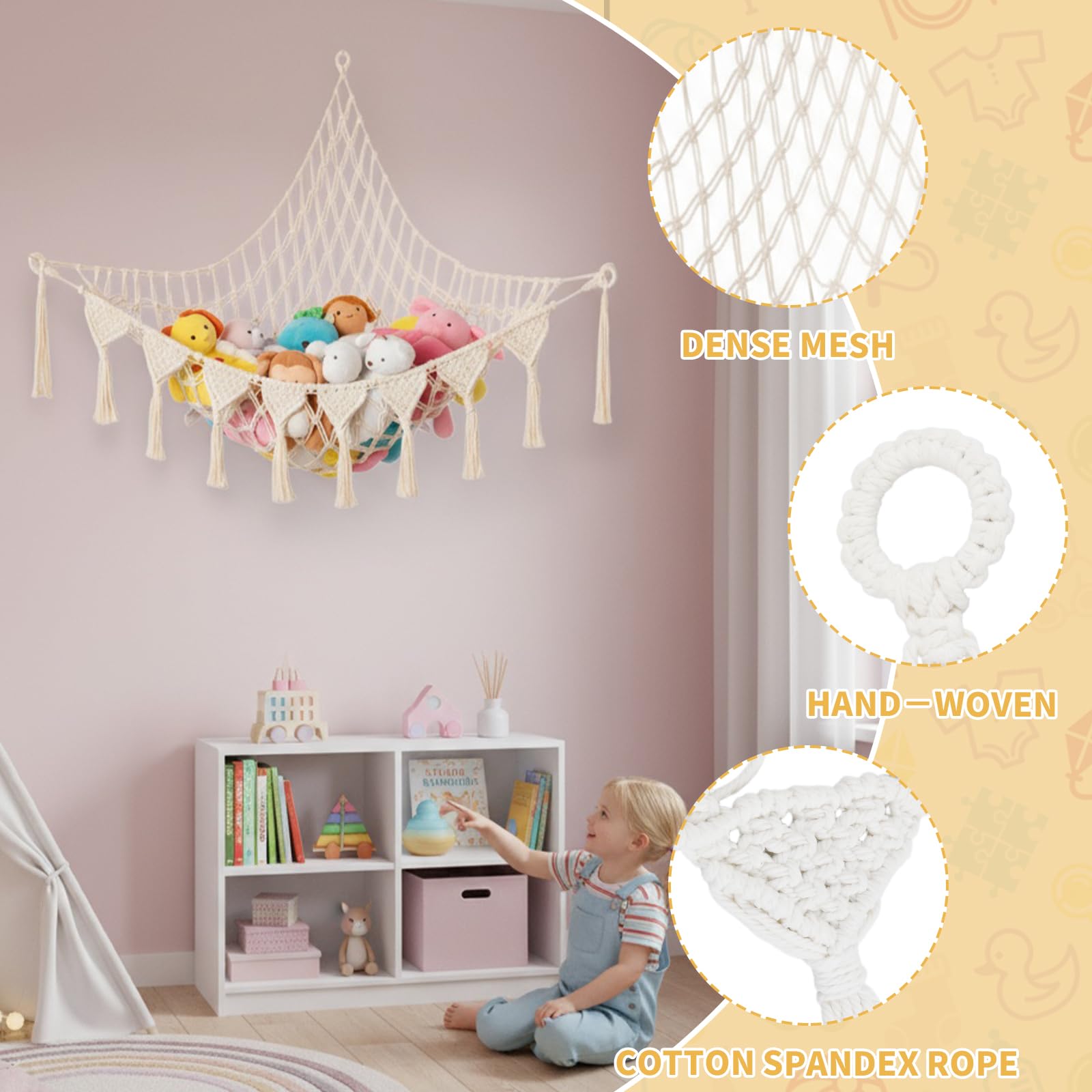 Filet de Rangement Peluches, Hamac Suspendu en Macramé, Organisateur de Peluche pour Chambre Enfant, Grande Capacité, Range Peluche à Suspendre Enfant, Blanc