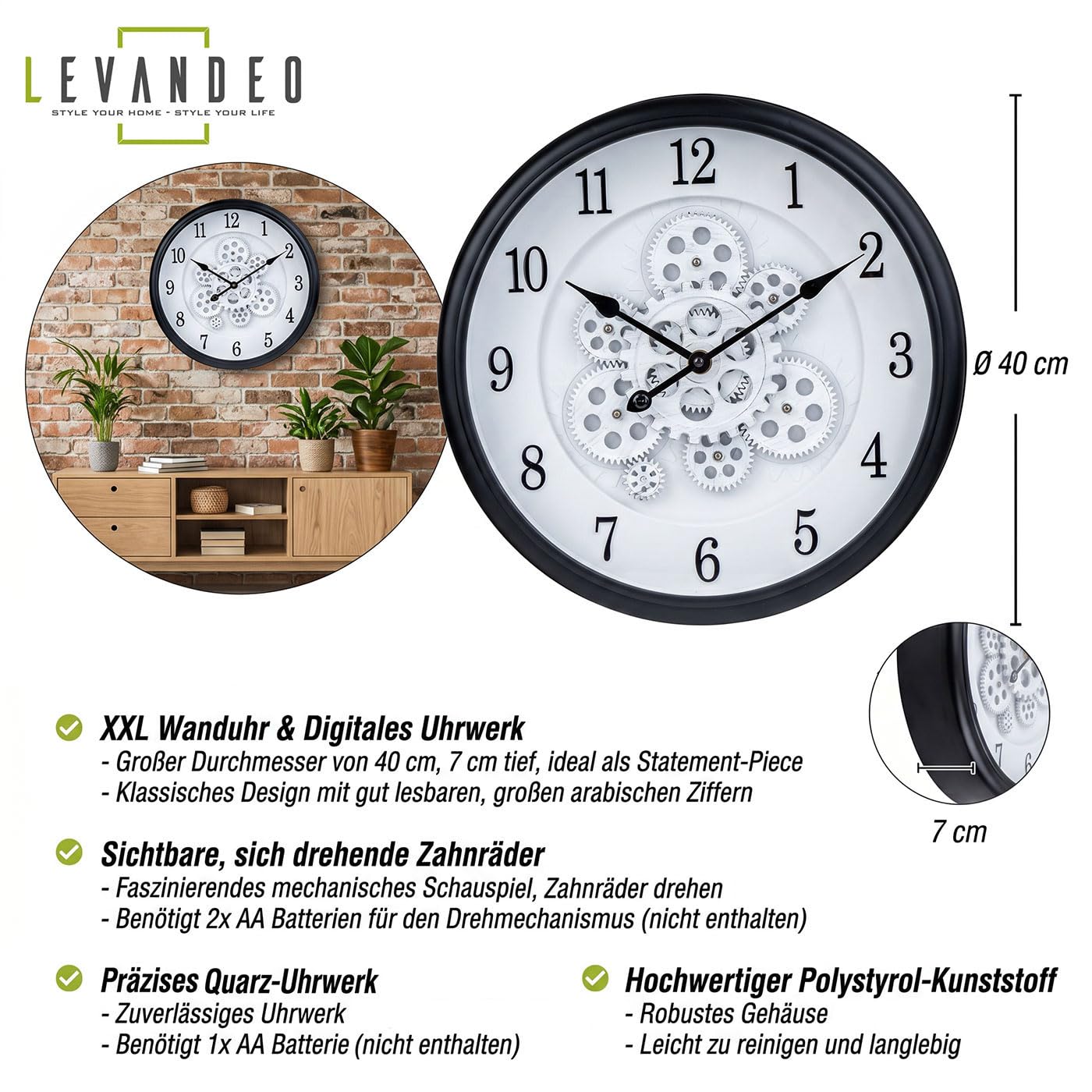 levandeo Zegar ścienny Ø 40 cm, wzór koła zębatego, czarno-biały, ruchome koła zębate retro steampunk dekoracja