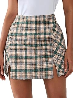 EXLURA Women's Fashion Faux Wool Mini Skirt High Waisted Y2K Trendy Side Slit Tweed Plaid Skirts 2025 Fall Winter Outfits