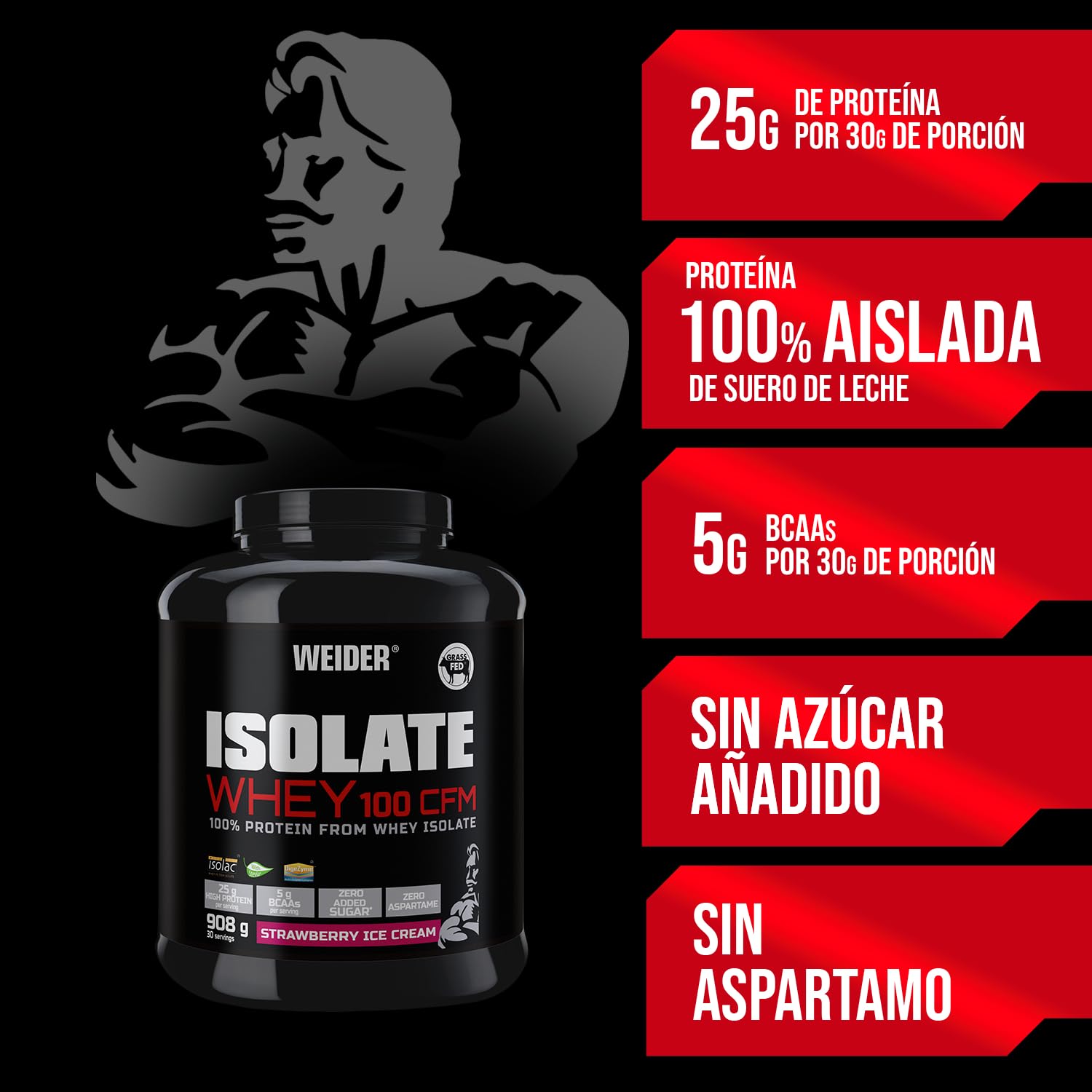 Weider Isolate Whey 100Cfm, Sabor Fresa, 100% Aislado de Proteina de Suero. Cero Azúcar, Cero Aspartamo, con Stevia, con Dygezime, con Bcaa, Apto para Veganos, Isolac, Keto, Negro, 908 Gramos | de Suero de Leche, 25g Proteínas /porción, Con Enzimas, Sin A