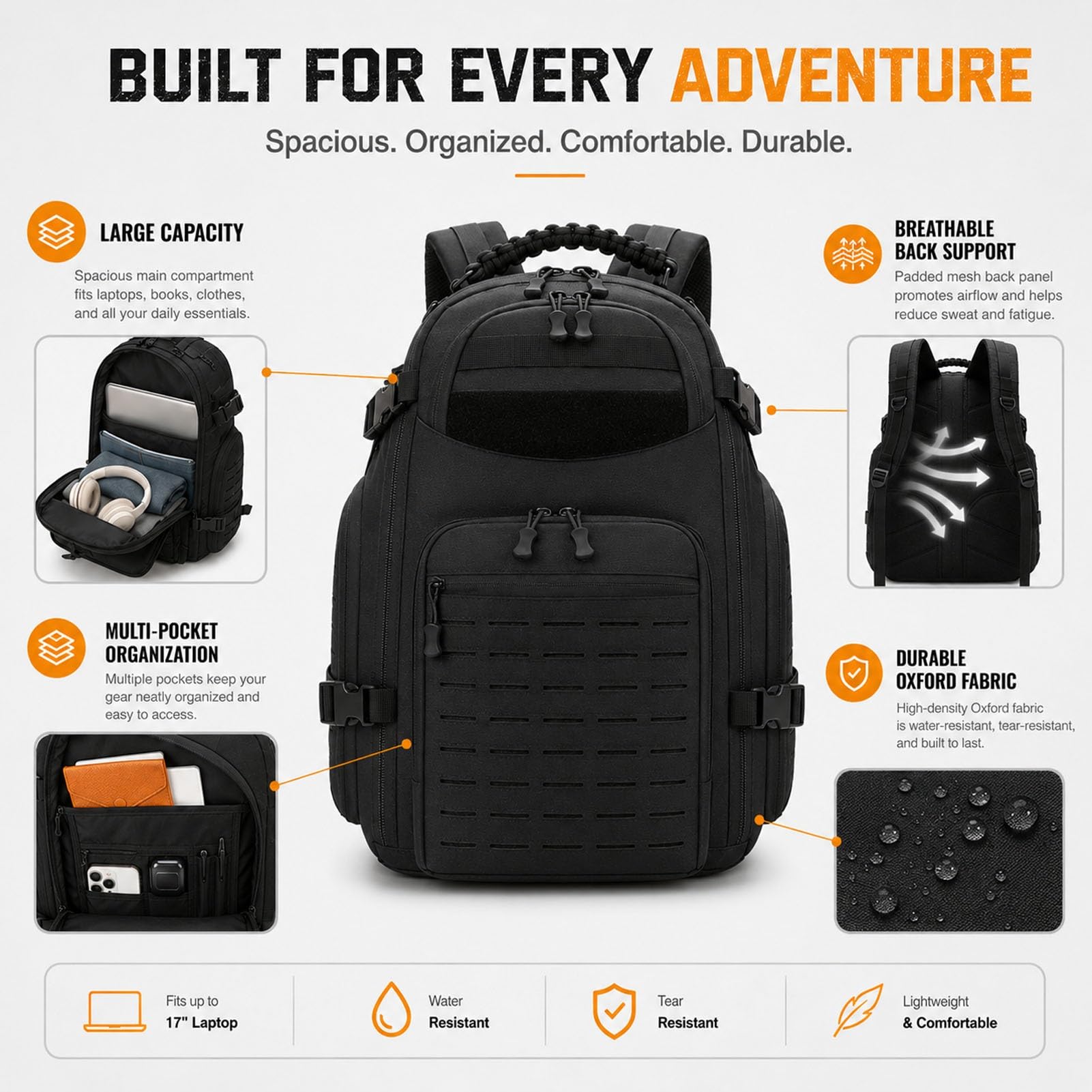 Zaino Outdoor da Viaggio per Uomo, Zaino Grande con Tasche Multiple, Schienale Imbottito Traspirante e Tessuto Oxford per Trekking Campeggio(Black)
