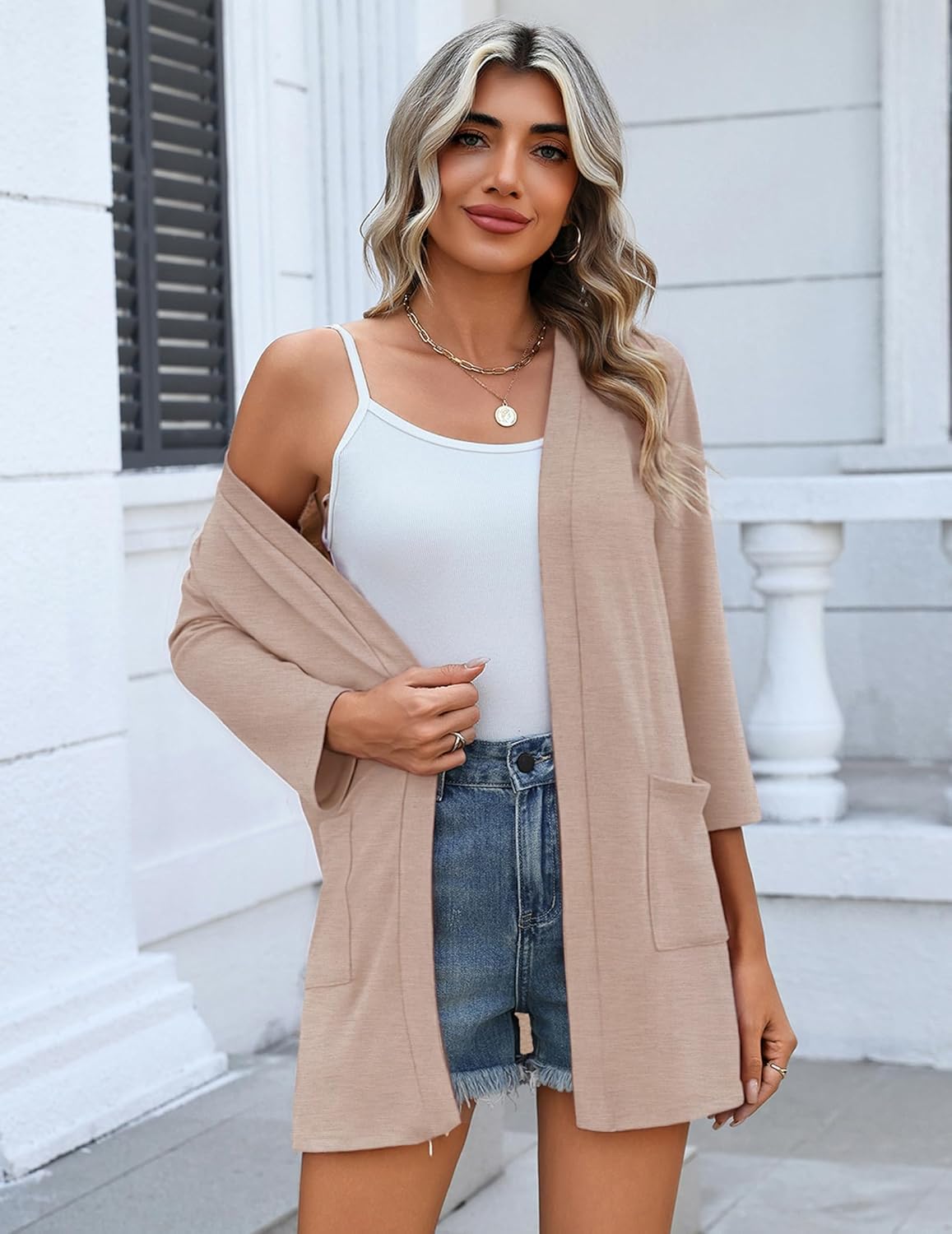 Zeagoo Women's Casual Lightweight Cardigan 3/4 Sleeve Open Front Loose Thin Cardigans with Pockets - Image 4