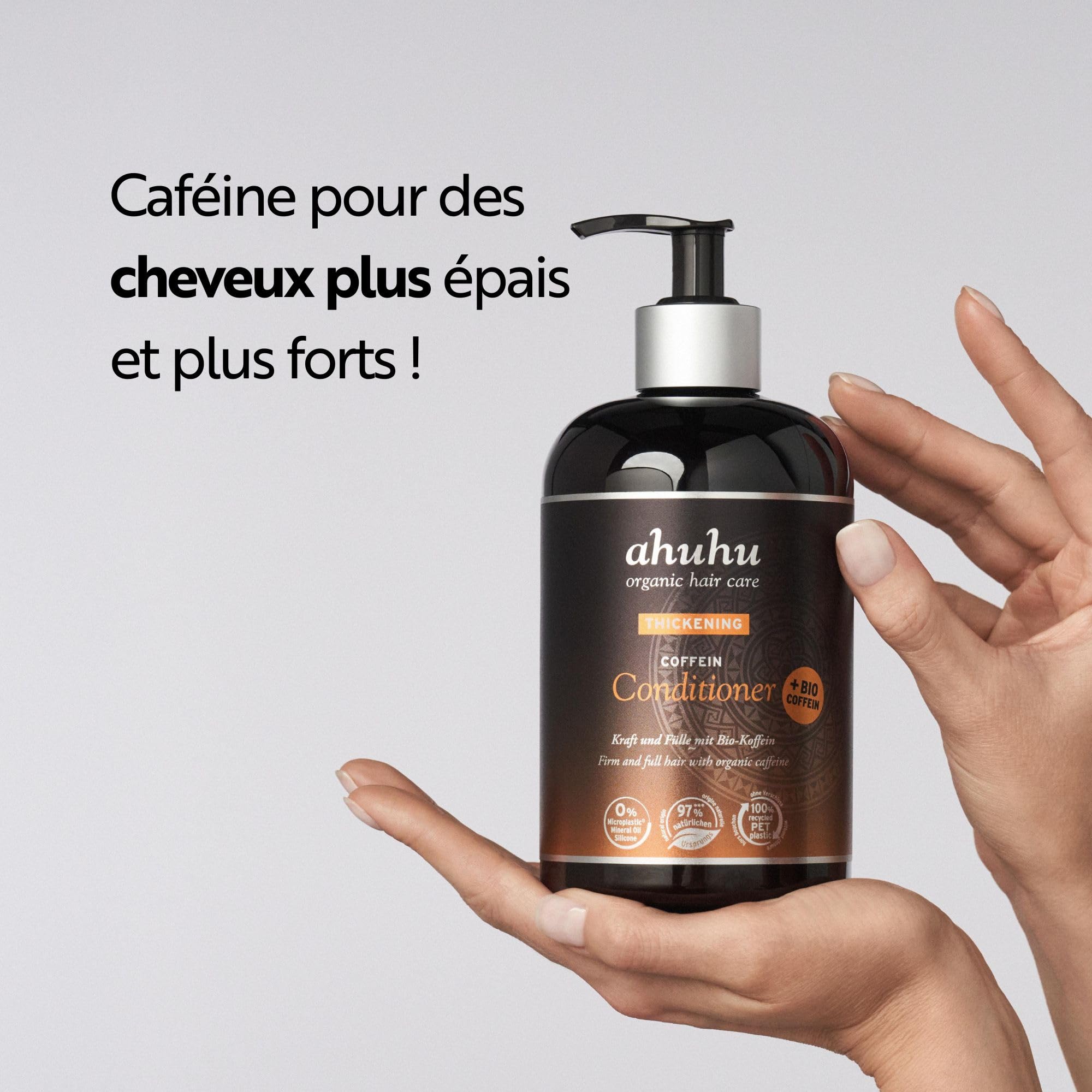 ahuhu Thickening Après-Shampoing Caféine Bio Format XXL (500 ml) | Shampoing à la caféine bio pour des cheveux épais et revitalisés, décolle les racines et apporte un volume instantané
